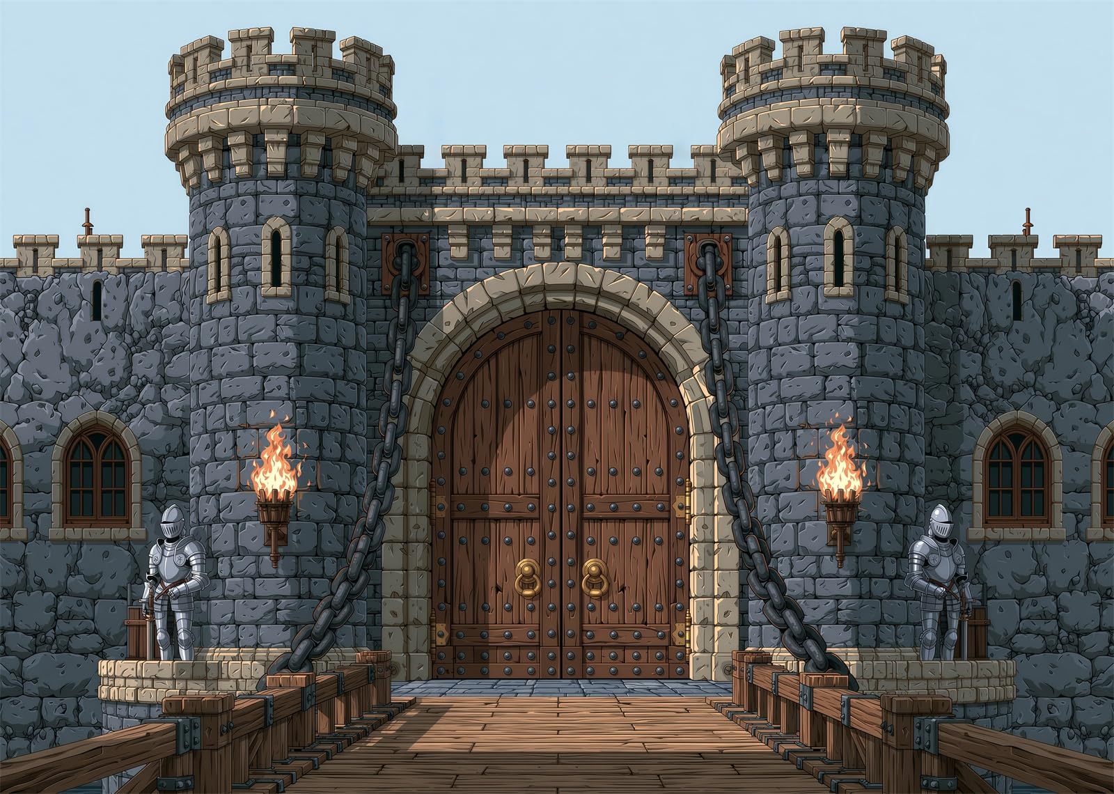 BELECO 5.2x3m Sfondo in tessuto Castello Medievale in Pietra | Porta Fortezza In Pietra Antica Ponte Levatoio Catene In Ferro Statue Cavalieri Torce Fiammanti Telo Di Sfondo