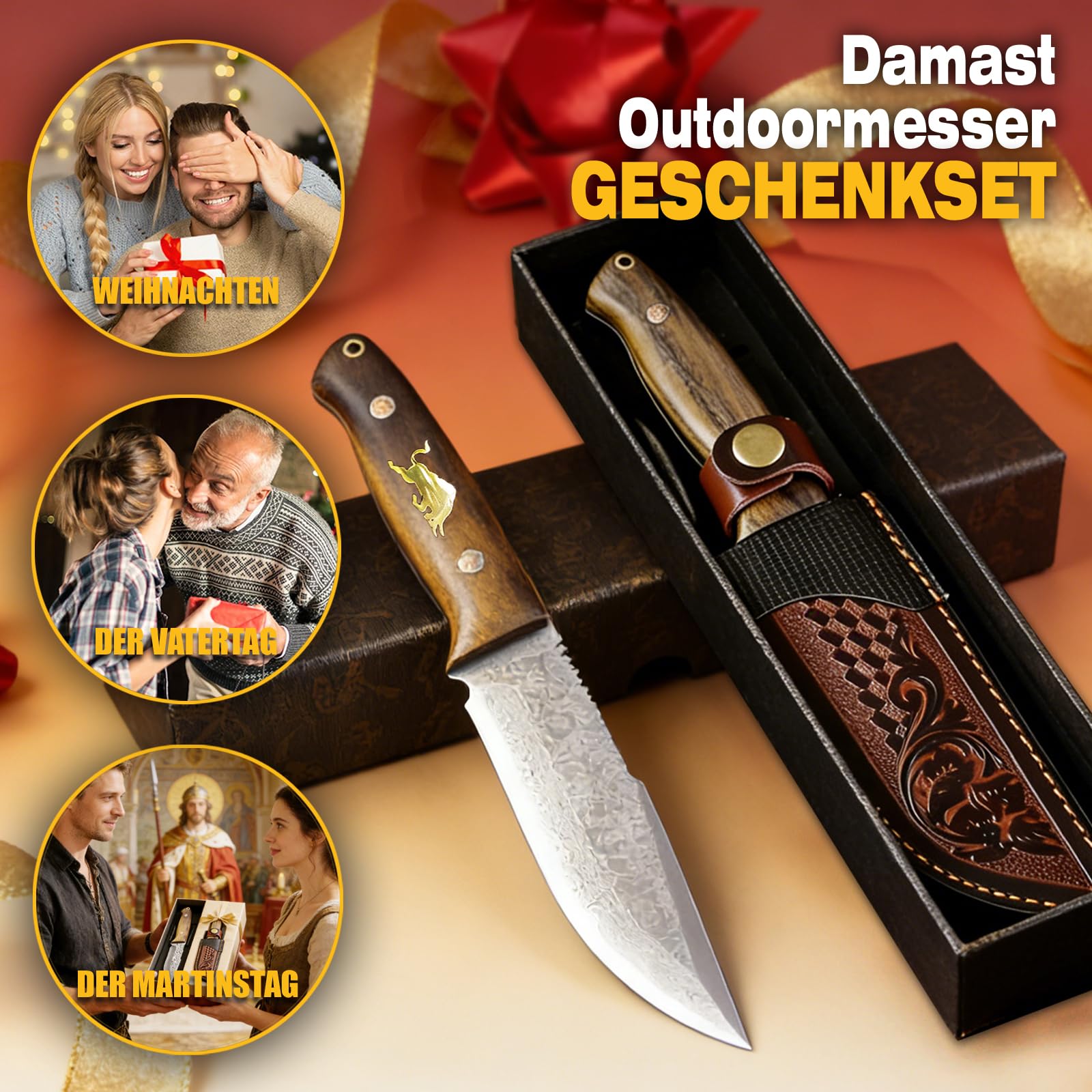 Handgeschmiedetes 67-lagiges VG10 Damast-Festklingenmesser,Outdoor Jagd-Überlebens-Gürtelmesser für Camping,Wandern,Angeln,Massivholzgriff+Echtlederscheide,edle Geschenkbox für Herren&Sammler