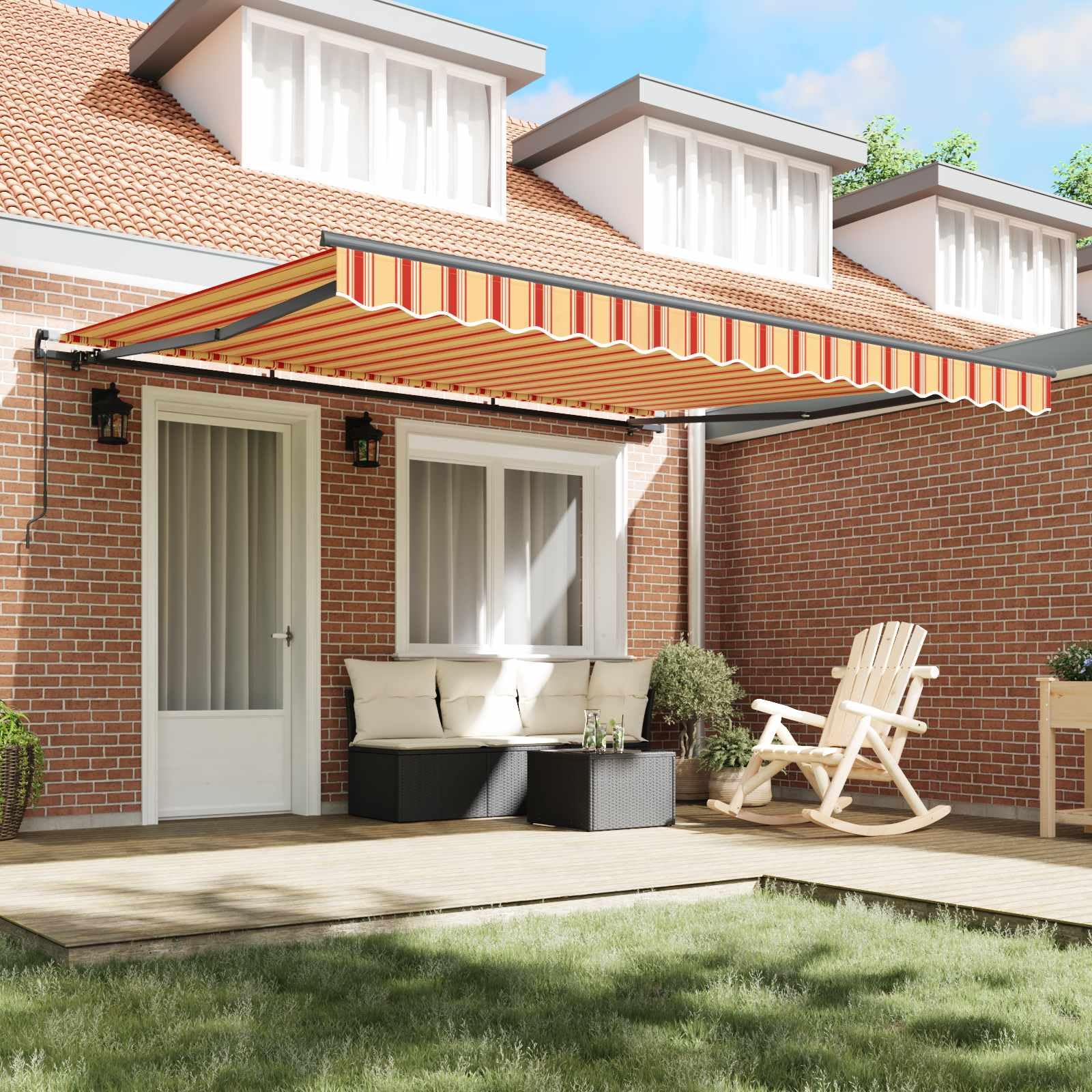 Einziehbares Sonnensegel Markise 400 x 300 cm in Gelb und Orange, Manuell Ausfahrbar für Terrasse und Garten, Robustes Polyester mit Stahlrahmen, UV-Beständige Schattenlösung