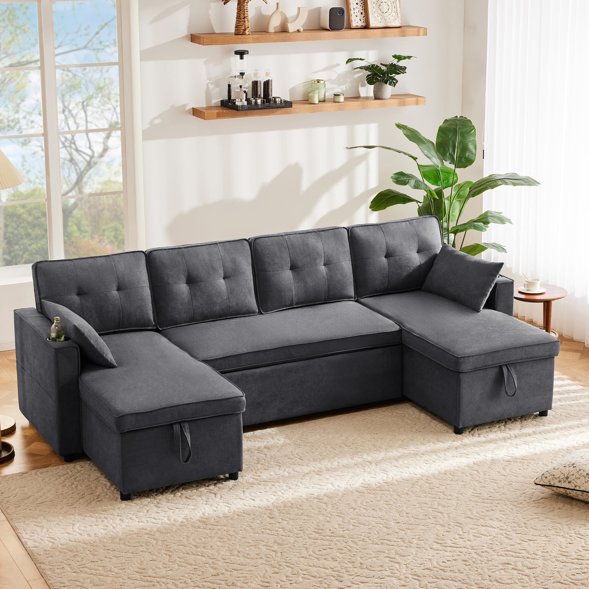 Design moderno, mobili imbottiti, divano a 4 posti, divano a forma di U, divano letto con funzione di sonno, tessuto di lino, con porta bevande, due alloggi, adatto per famiglie, soggiorni e altri