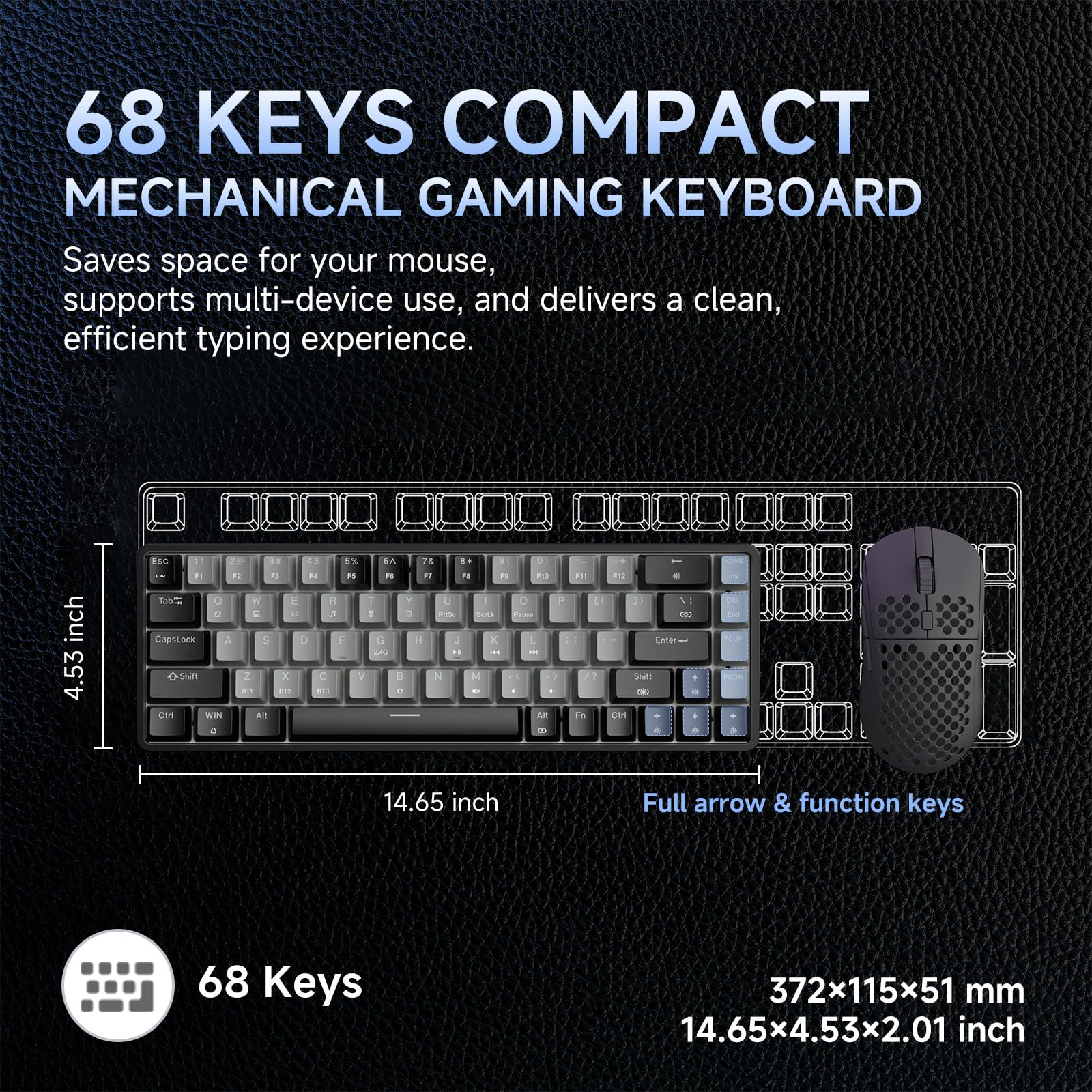 Dierya DK68 Tastiera Gaming Wireless,60% Tastiera Meccanica Bluetooth/2.4G/USB-C RGB,Interruttore Rosso,Double-Shot ABS Keycaps Compatibile con Win/Mac,Grigio nero-A(Layout US,QWERTY)