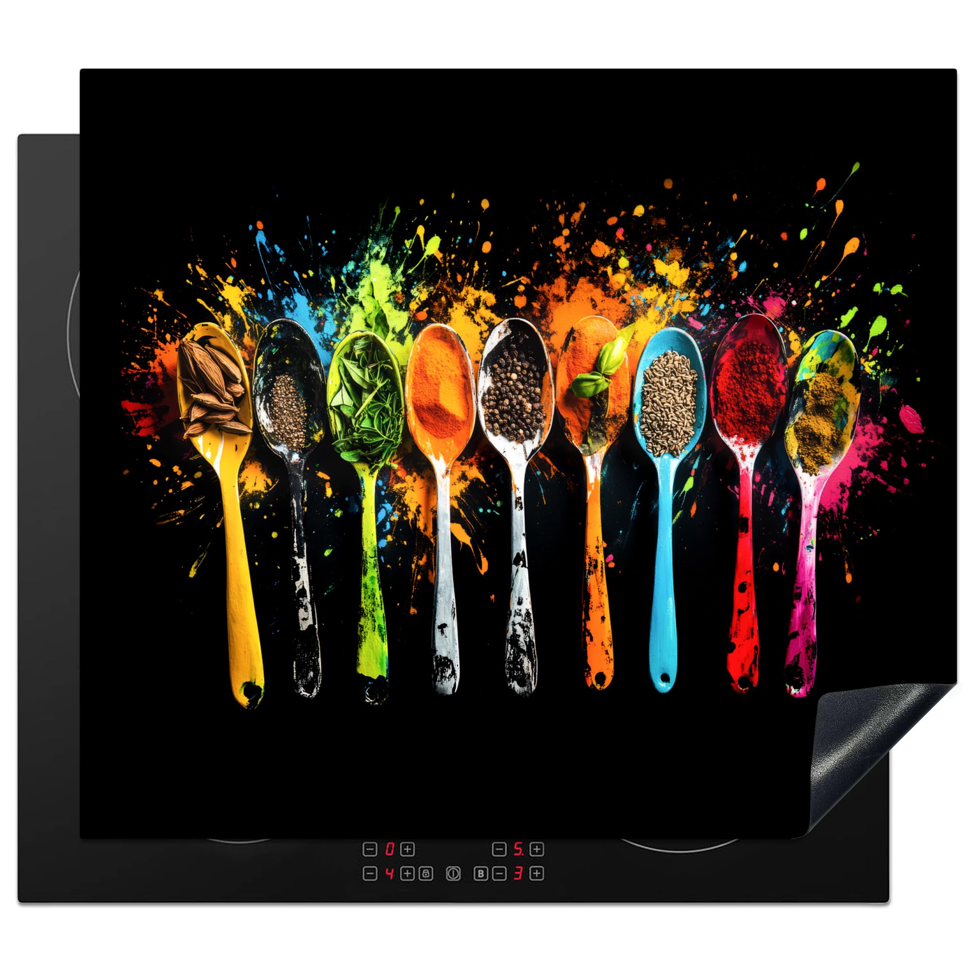 KitchenYeah© Protector Vitroceramica 59x52 cm Tapa para induccion Placa Encimera Cubre de Protectora Cocina Cucharas - Especias - Moderno - Graffiti - Colores