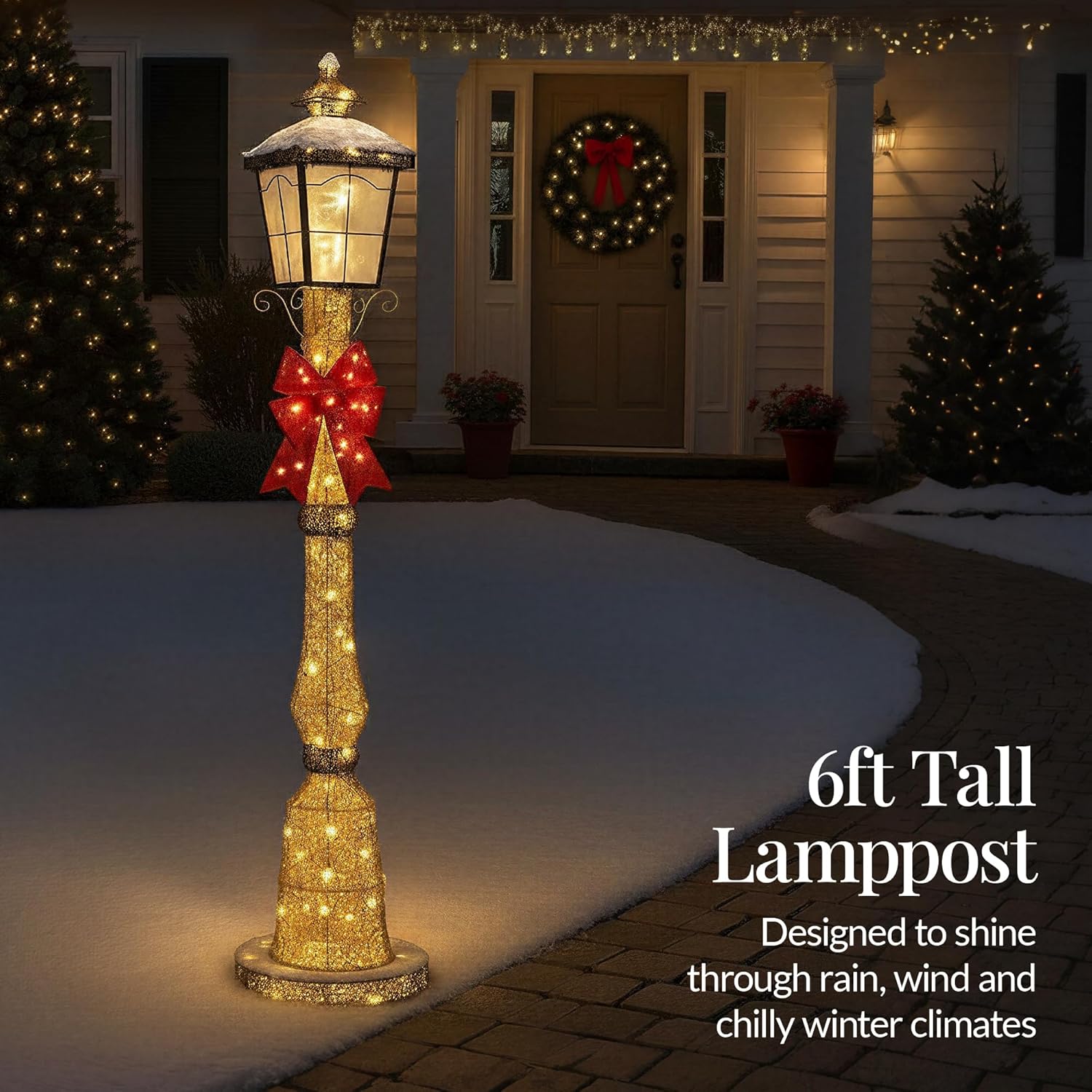 Best Choice Products Large Outdoor Christmas Lamppost Decoration, 6ft Tall with Lighted Bow, 100 LED Lights, Holiday Porch Lamp Post Decor- Gold