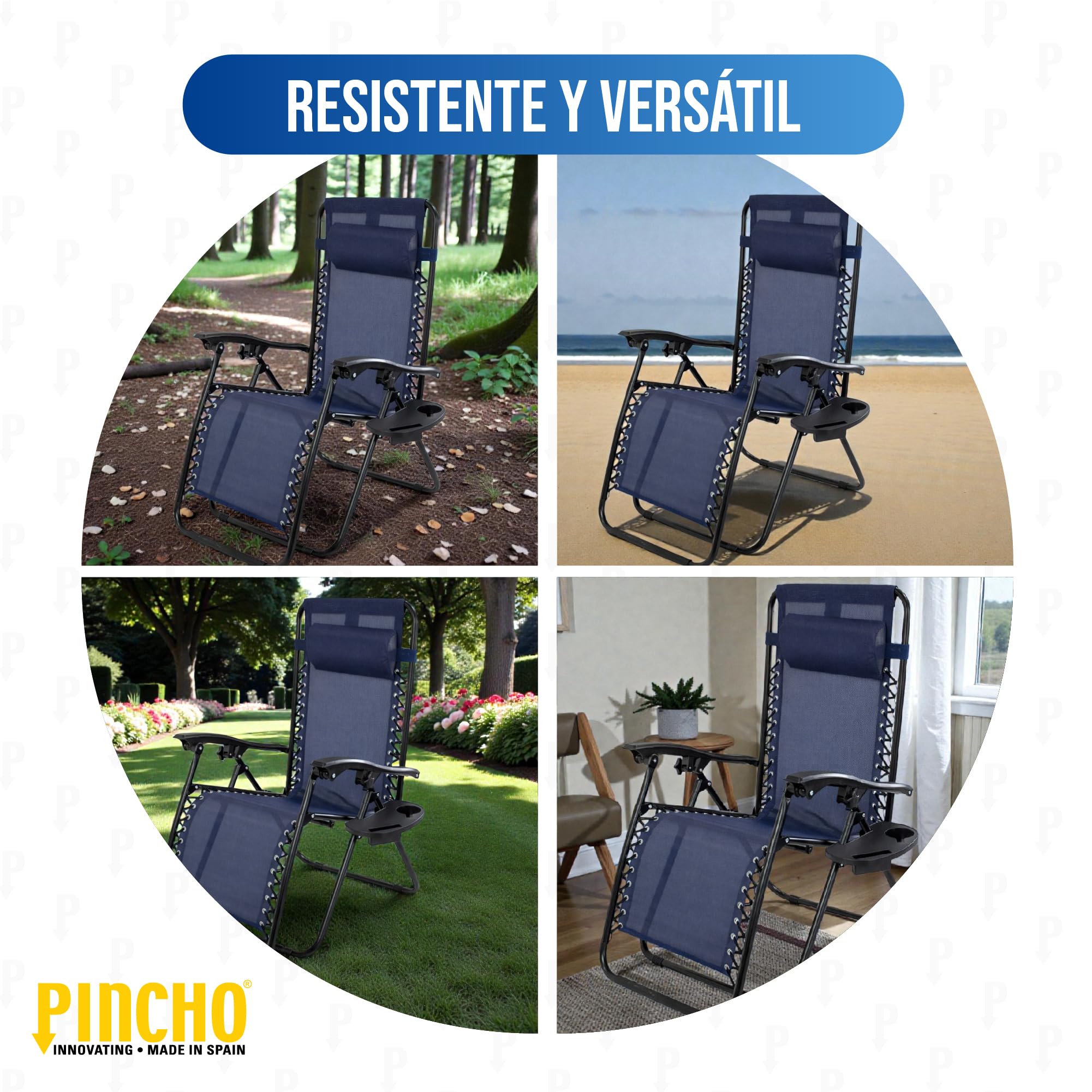 Pincho Tumbona Jardin Exterior Plegable de Gravedad Cero - Pack 2 Sillas Reclinables o Hamacas para Playa, Terraza y Camping con Portavasos, Ligeras y Cómodas (Marino)