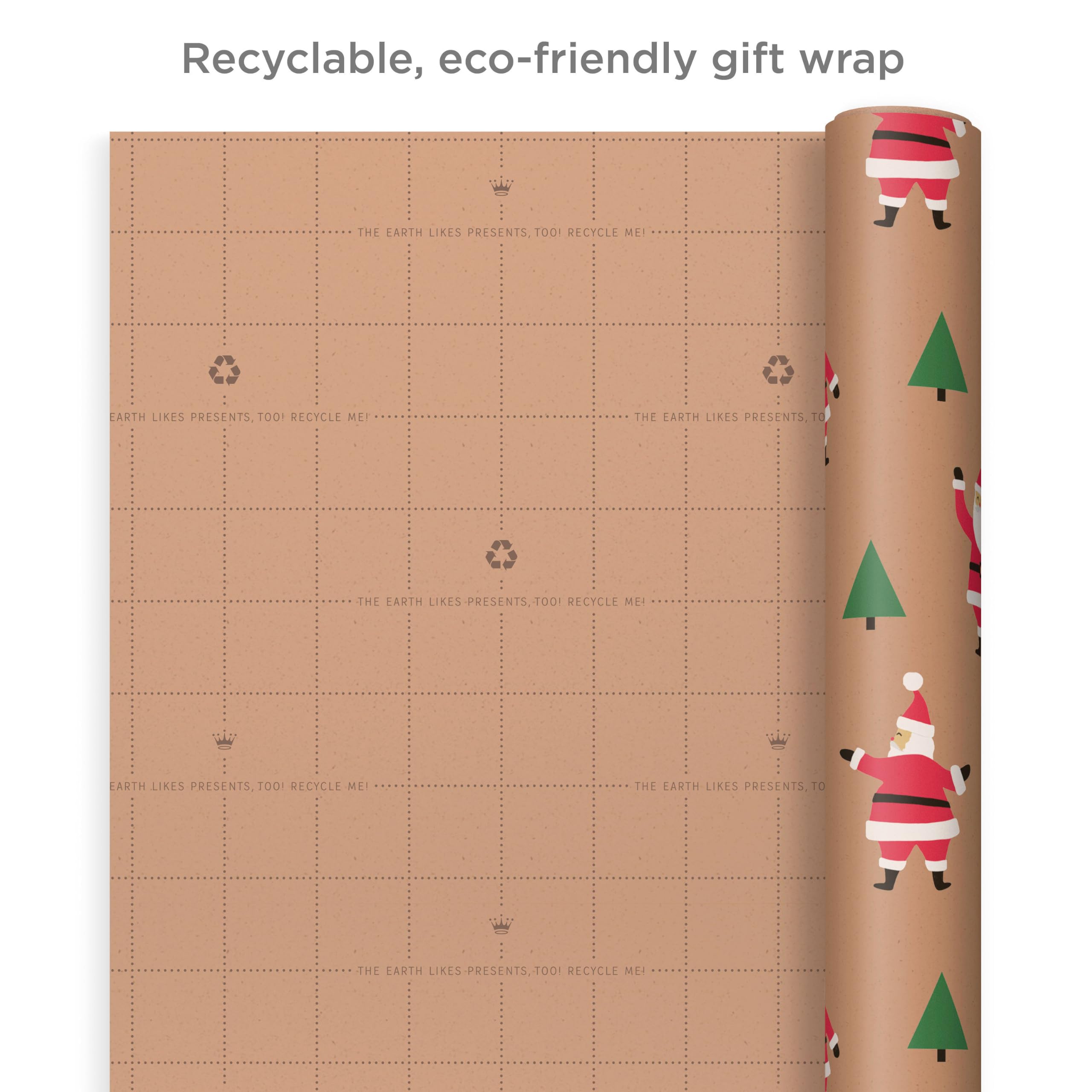 Hallmark Lot de 3 rouleaux de papier cadeau de Noël recyclable avec lignes de coupe au verso (90 m²) Marron avec Père Noël, arbres verts, rayures rouges