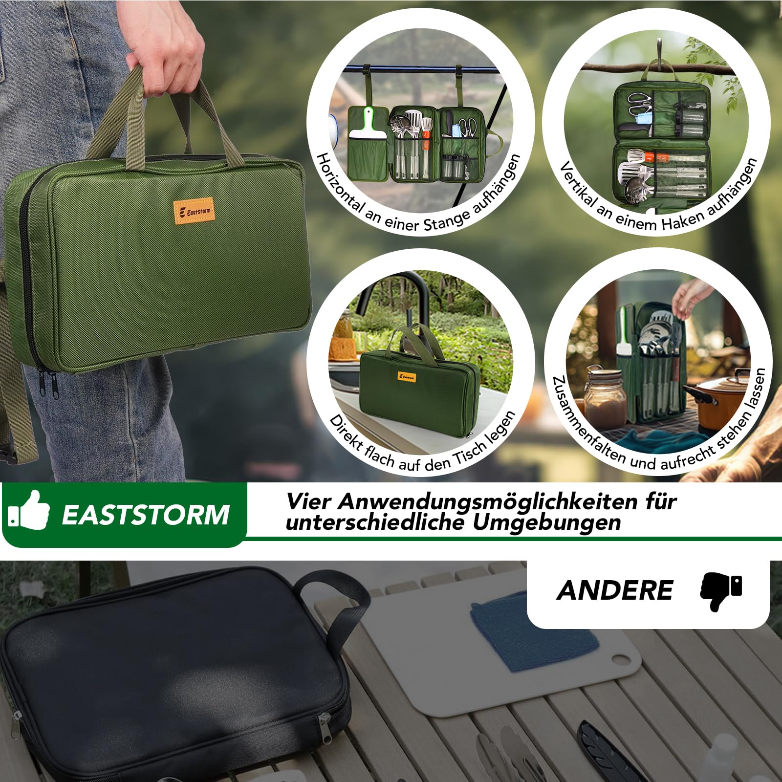 E EASTSTORM Camping Küchenhelfer Set mit wasserdichte Tasche,Camping Geschirr,Klein und Tragbar,Geeignet für Outdoor,Bergsteigen,Wandern,Camping Set für Rucksäcke, Dunkelgrün