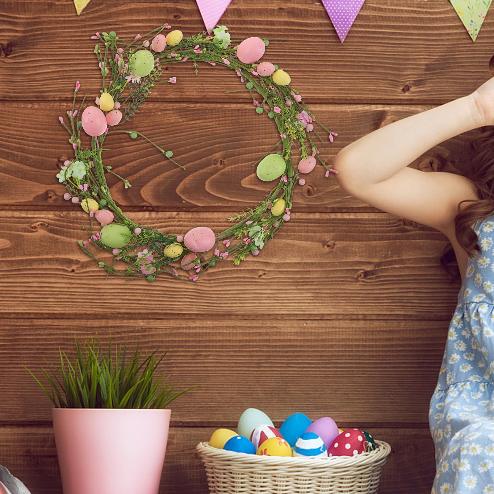 Ghirlanda Pasquale Artificiale con Uova e Bacche, Decorazione da Appendere per Porta D’ingresso, Corona Primaverile Riutilizzabile per Feste e Ambienti Interni ed Esterni