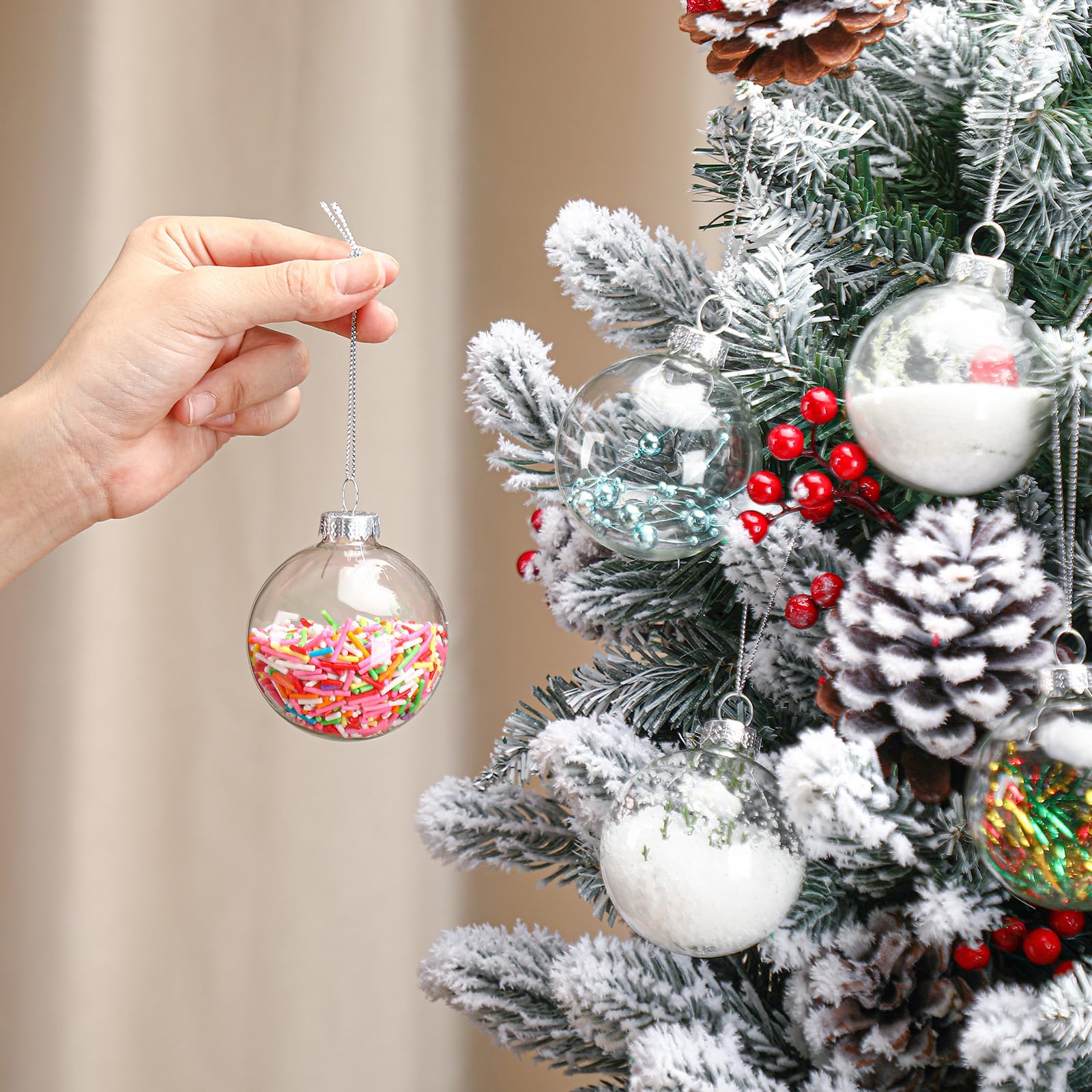 Liliful 24 Pcs Christmas Glass Ball Ornaments Fillable Glass Ornament Balls 2.36 Inch Removable Top Hanging Bulbs Ornaments for Crafts DIY Projects Christmas Party Wedding Home Decor