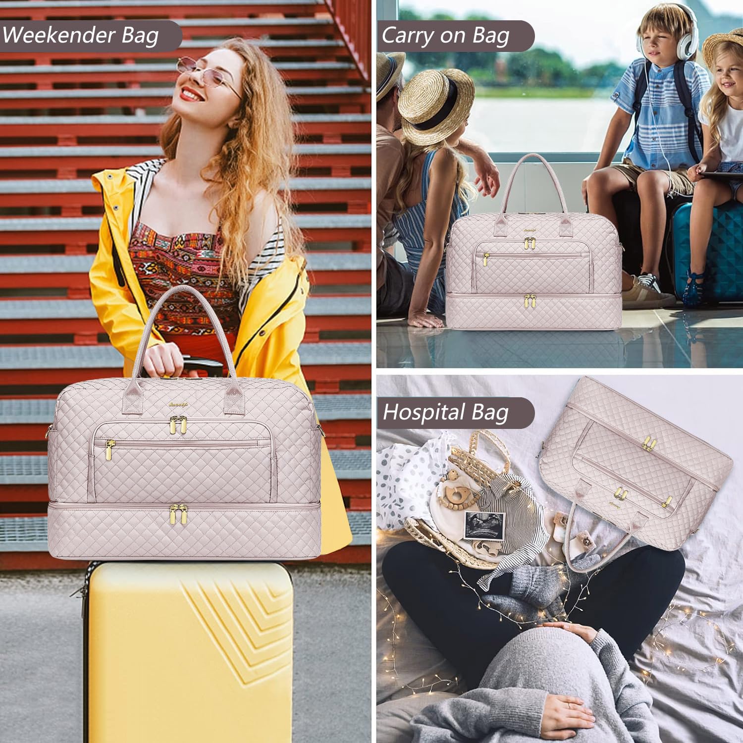 Weekender Travel Duffle Bag Women - Weekender Bags for Womens with Shoe Compartment Toiletry Bag Carry on Overnight Bag Gym Duffel Bag Wet Pocket Hospital Bags for Labor and Delivery Beige view 6