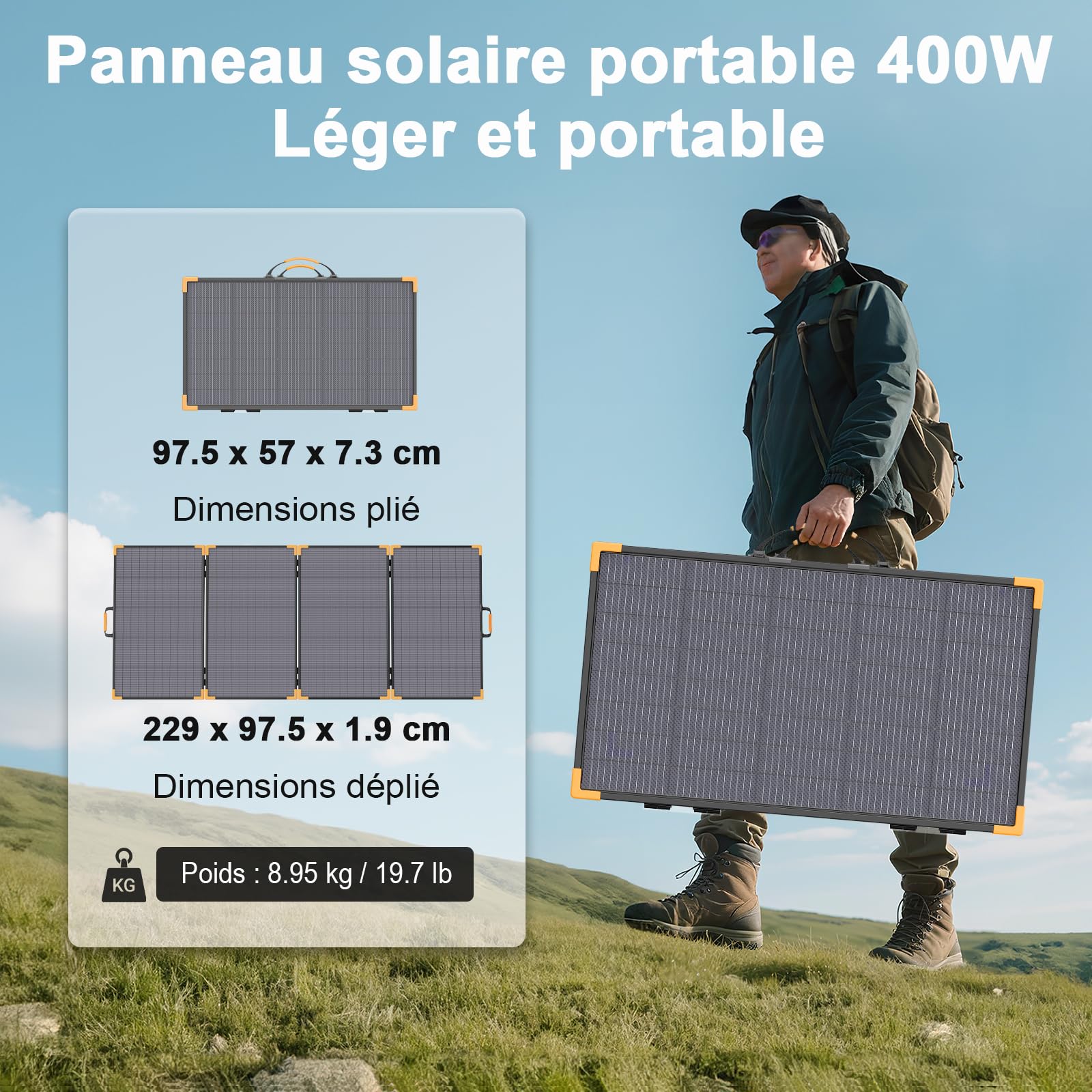 Panneau solaire portable biface 400 W, chargeur solaire pliable léger 33 V pour centrales électriques, étanche IP68, avec 3 supports renforcés pour le camping | Panneau solaire léger pour centrale électrique, étanche IP68, avec 3 supports renforcés pour c