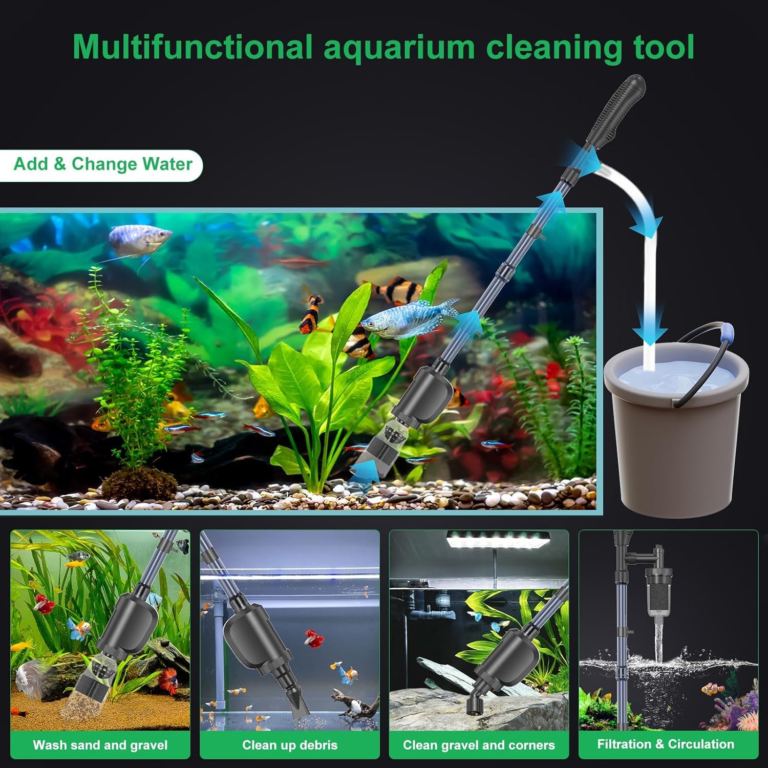 Electric Aquarium Vacuum Gravel Cleaner, 36W Electric Fish Tank Cleaning Tools with Strong Suction for Automatic Water Change Algae Filter Water Circulation Wash Sand 580GPH