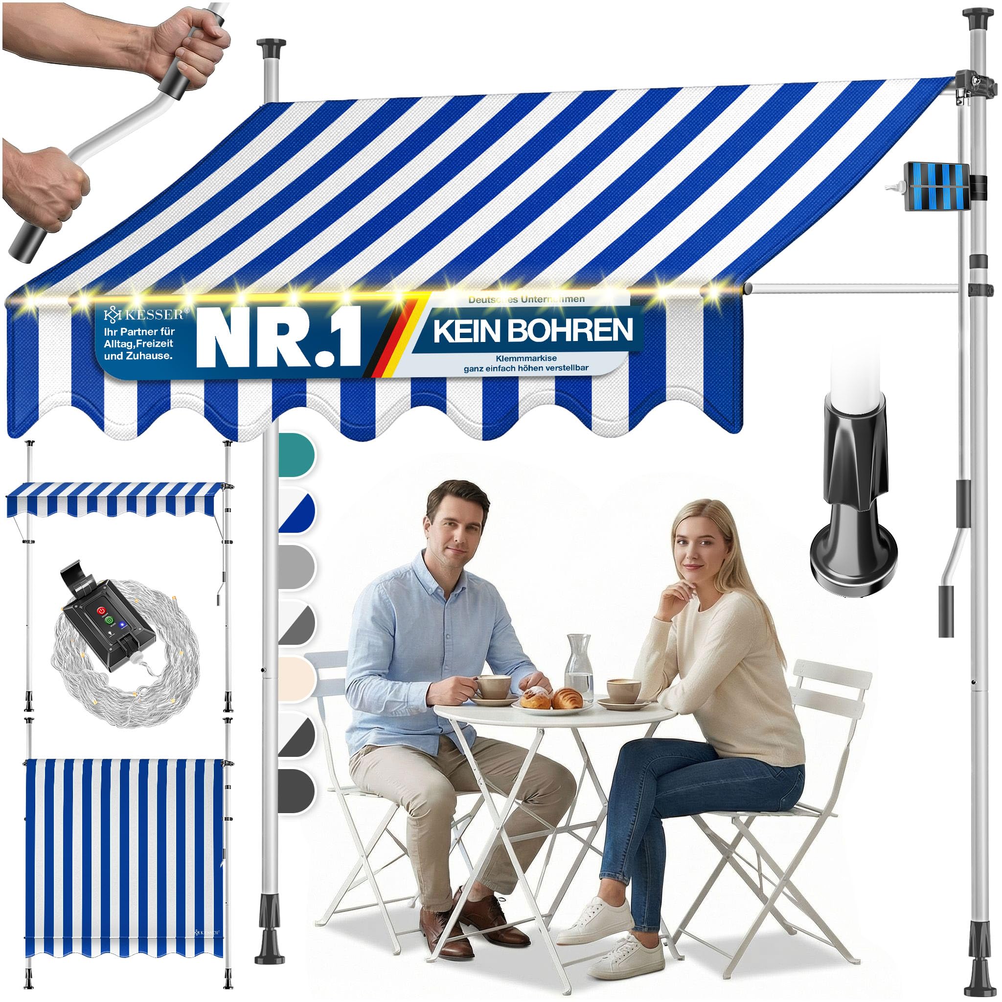 KESSER® Klemmmarkise mit Handkurbel & LED Lichterkette | Balkonmarkise ohne Bohren | Markise UV-beständig höhenverstellbar & wasserabweisend | Sonnenschutz für Balkon Terrasse & Garten 250cm