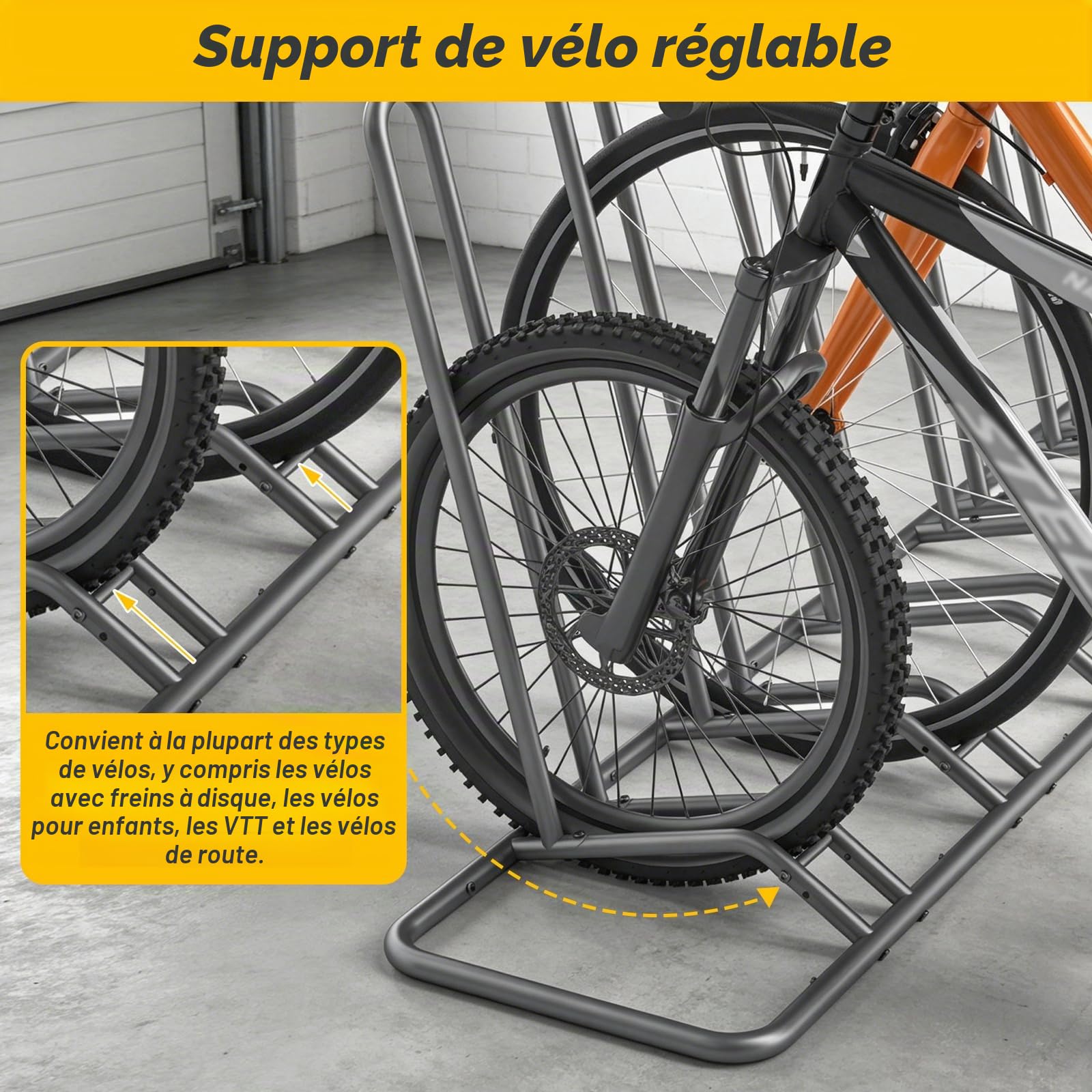 Support Range Velo Réglable – Râtelier Vélo 5 Places, Rangement Velo Garage à Double Usage, Porte-vélos avec Ancrage au Sol pour Sécurité, Parfait pour Garage/Jardin