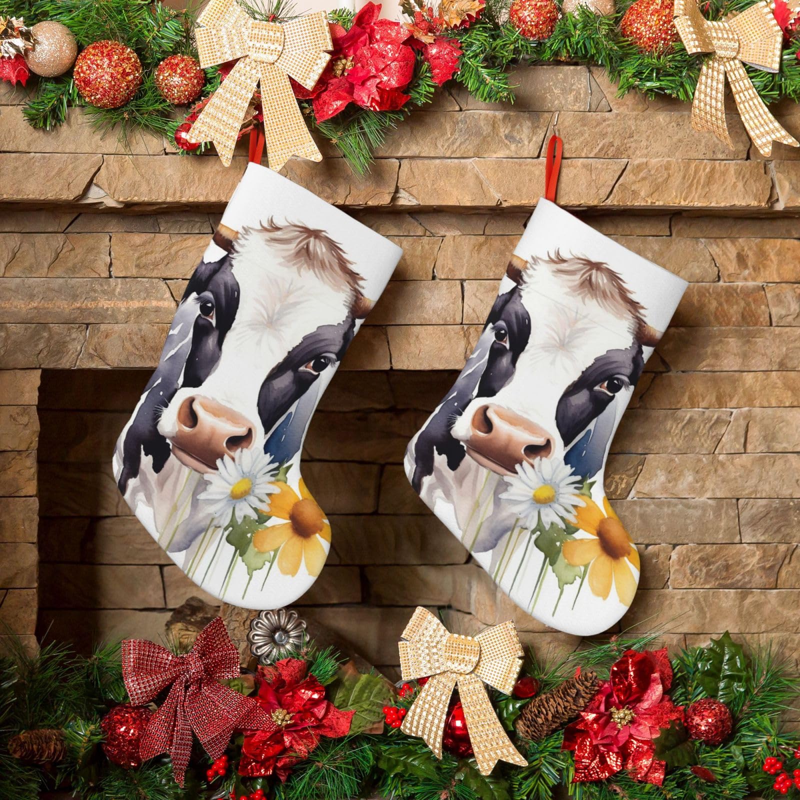 Fodpand Boys Black Watercolor Cow And Daisy Flower Christmas Stockings Hanging Ornaments For Holiday Decor, 18 Inches Velvet Fireplace Hanging Xmas Stocking, Candy Gift Bags For Christmas Decorations