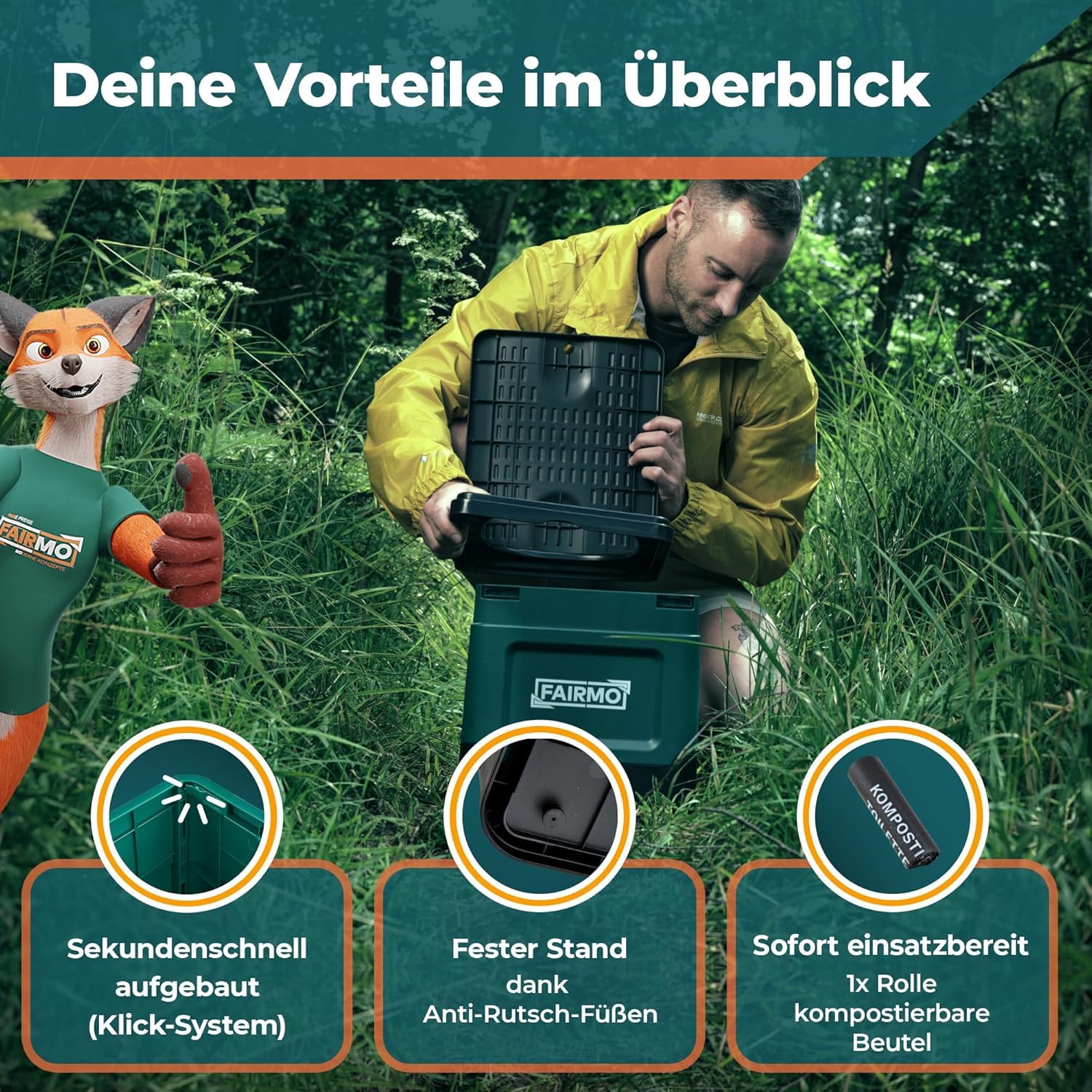 FAIRMO Die kompakte Campingtoilette faltbar - Camping ohne Chemie - Mobile Toilette Campingklo mit Deckel - Unterwegs, Festival, Notfall
