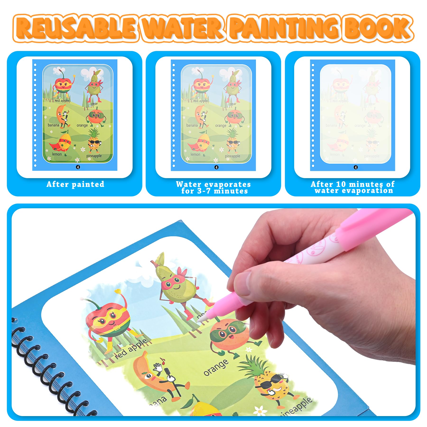 Damcyer 5 Pezzi Libro di Pittura ad Acqua per Bambini con 5 Penna Acqua,5 Temi Riutilizzabile Magic Water Book,Libri ad Acqua da Colorare Bambini,Libro da Disegno ad Acqua per Bambini da 3 Anni,B