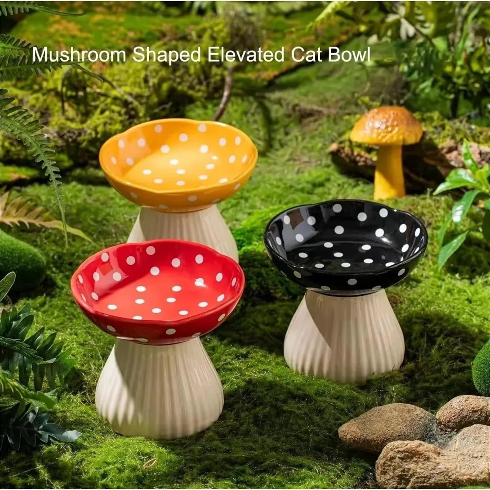 Gamelle surélevée en céramique en forme de champignon pour chat et chien (jaune)