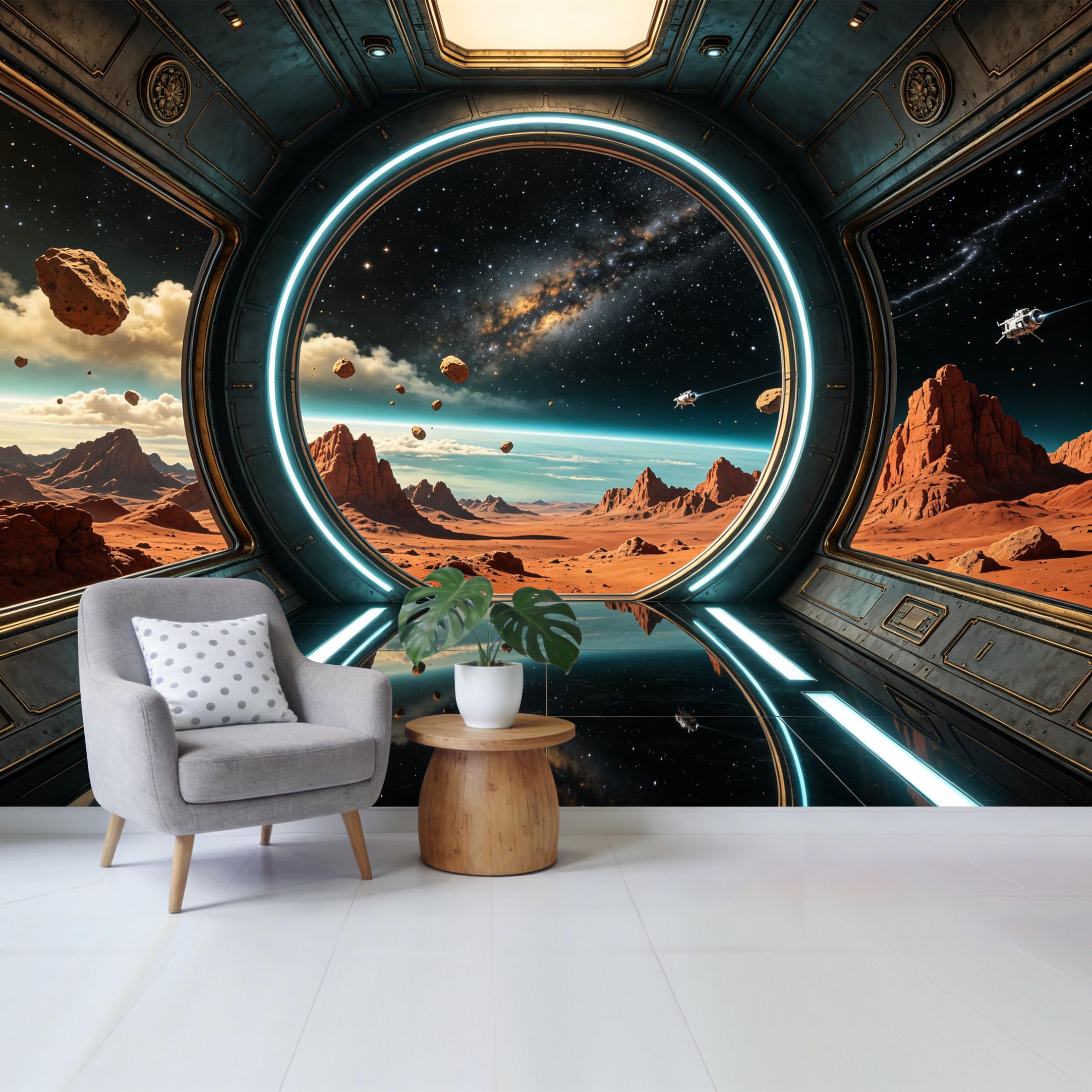 Custom Size Wall Mural Mars Planet Galaxy Space Window 3D Trompe L'Oeil Removable Self Adhesive Fabric， Home Wall Decor for Living Room Bedroom Bathroom Background