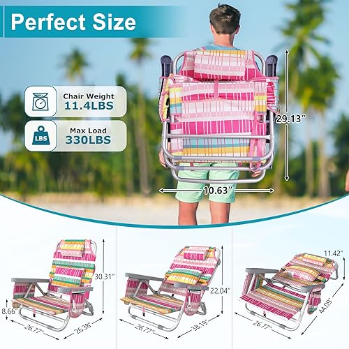 Miniatura 5 de Suteck Silla de playa, mochila ajustable de 5 posiciones, sillas de playa para adultos y niños, silla plana plegable con bolsa enfriadora,