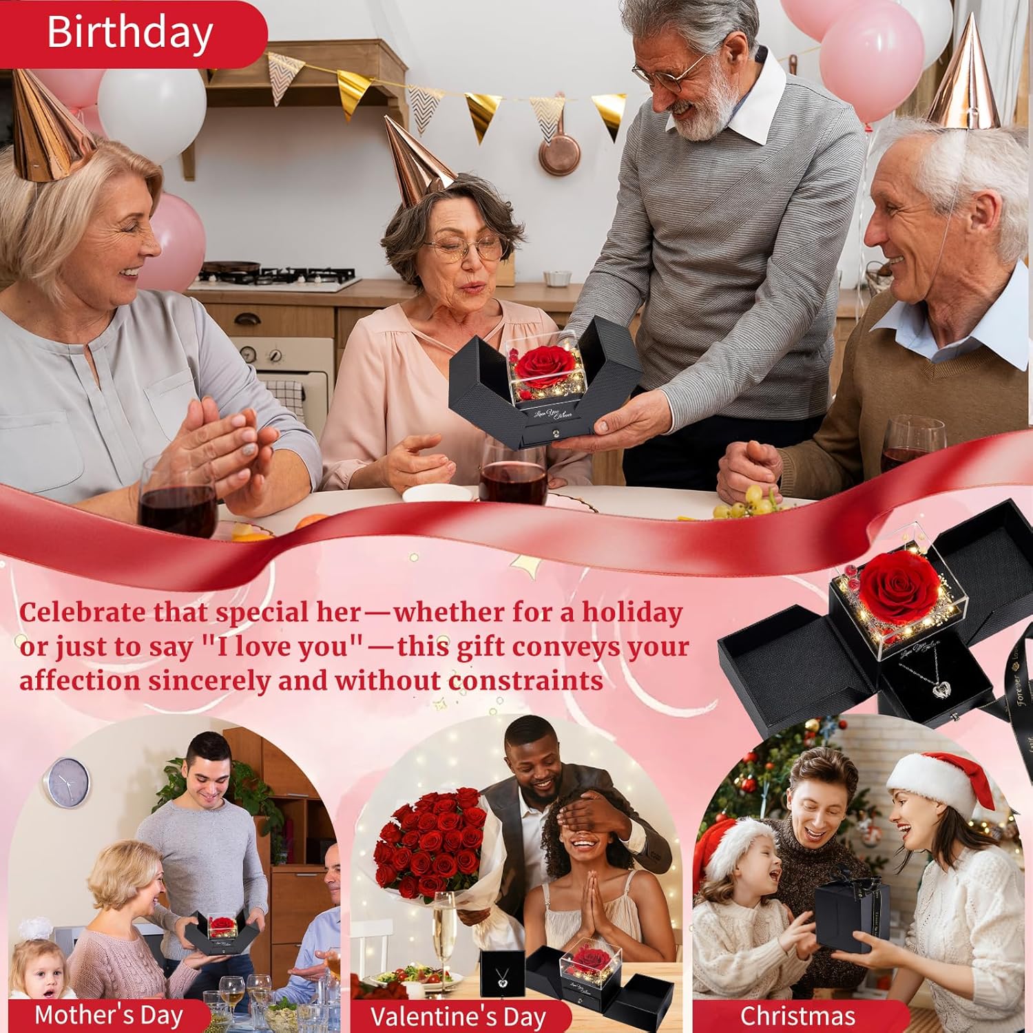 FIACO Valentines Day Rose Gifts for Her Preserved Real Flowers with I Love You Necklace Fresh Forever Flower Birthday for Women Girlfriend Wife Mom Grandma Romantic Eternal Roses - Image 4