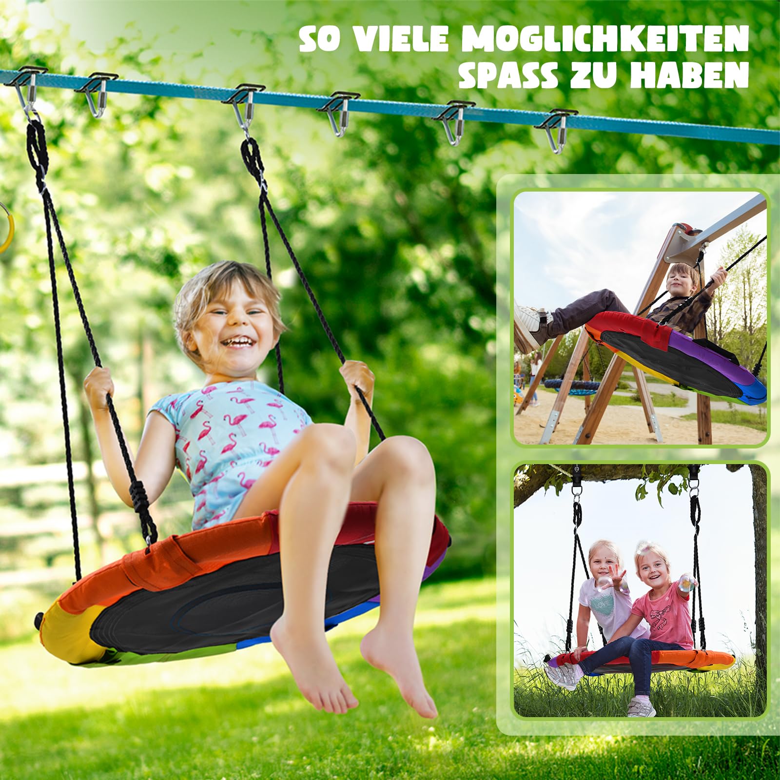Hapfan 15M Ninja Slackline Kinder Nestschaukel Outdoor Set mit Seilrolle, Ninja Warrior Parcours Kinder mit 10 Hindernissen, Klettergerüst, Kletternetz, Kletterleiter Gym Ring Baumschutz (Bunt)