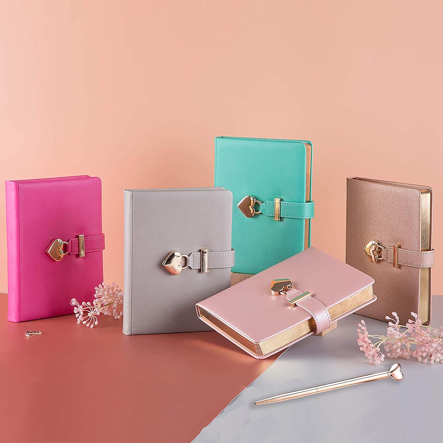 Heart Shaped Lock Diary with Key PU Leather Cover Journal Personal Organizers Secret Notebook for Girls & Women B6 Size 5.3x7inch Diary with Rose Gold Metal Ballpoint Pen (Grey)
