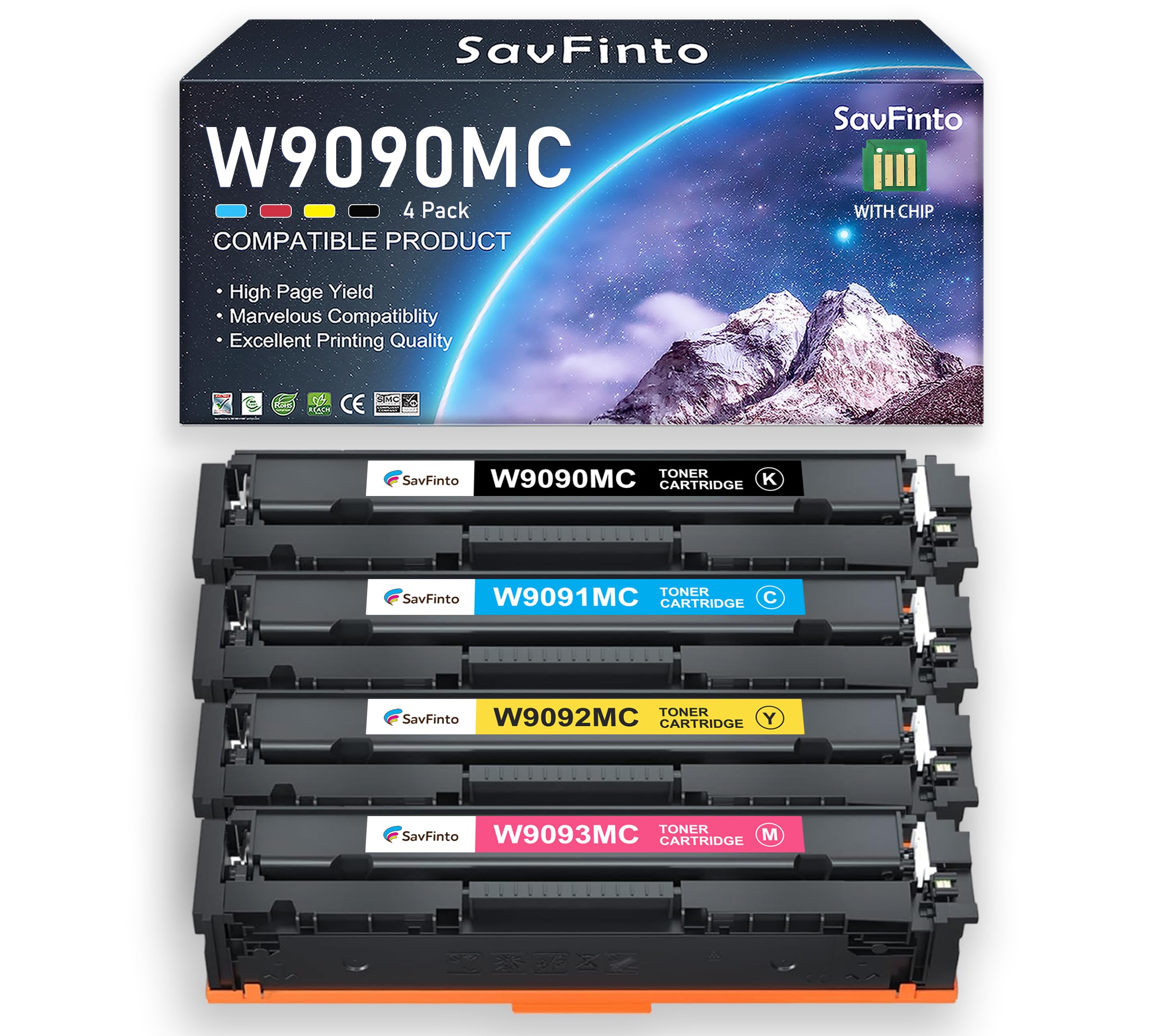 Photo 1 of SavFinto W9090MC Toner Cartridge Set (High Capacity, with Chip) Compatible with W9090MC W9091MC W9092MC W9093MC Work for HP Color Managed E45028 E45028DN MFP E47528 E47528f Printer (4-Pack,BCMY)
