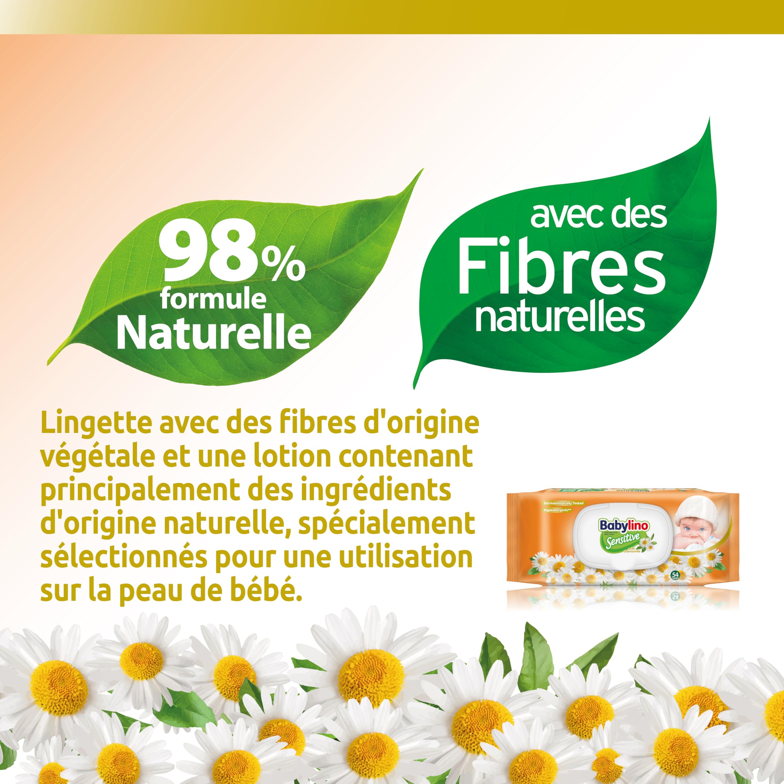 Babylino Sensitive Lingettes au délicat parfum de Camomille, Formule 98% Naturelle qui restaure le pH naturel de la peau, 3 paquets avec capot refermable, 162 lingettes