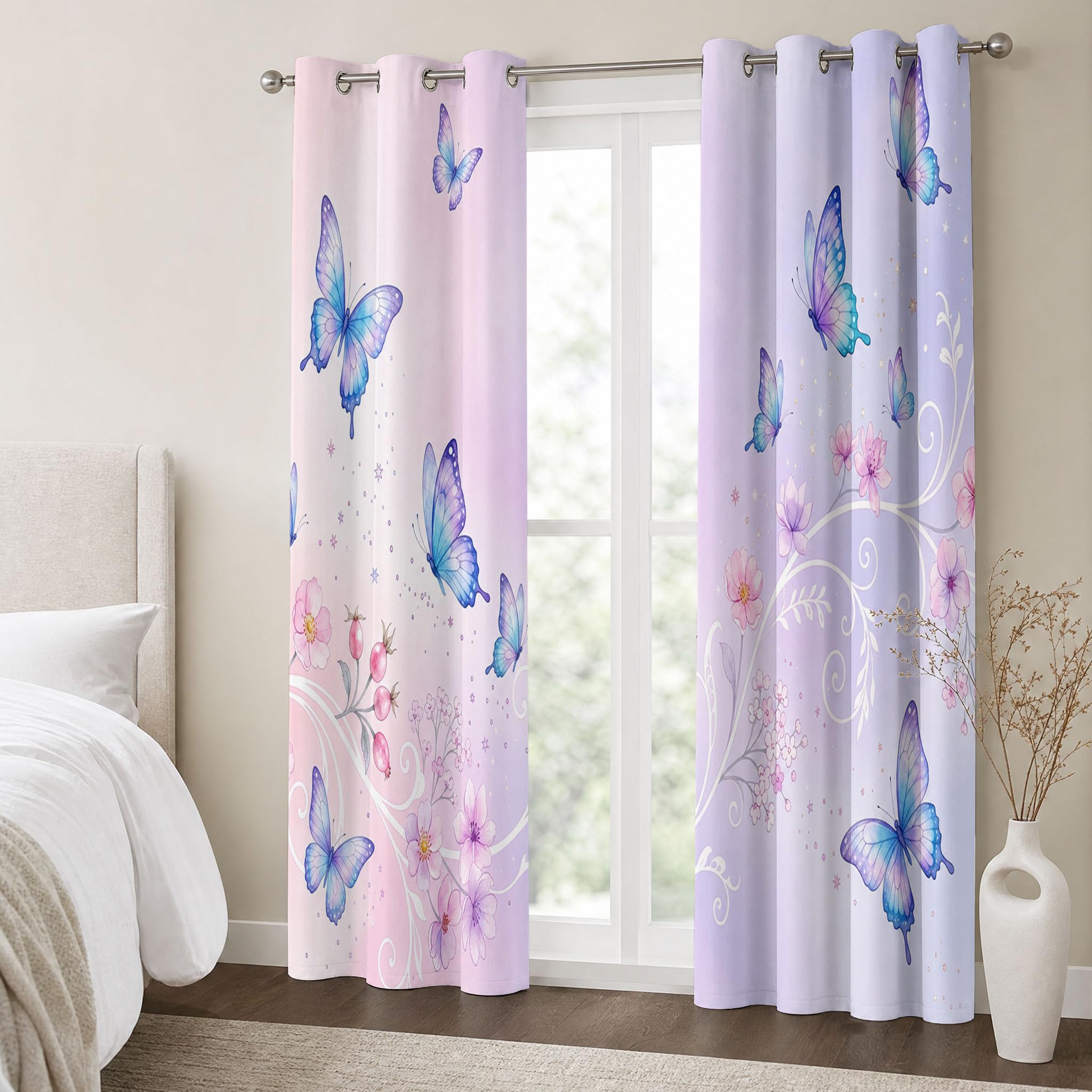 Verträumter Farbverlauf Vorhang Blickdicht Gardinen Mit Ösen, Schmetterlingsblumen Muster Verdunklungsvorhänge H175 x B140 cm (2er Pack), Rosaviolett Thermovorhang Kälteschutz Für Schlafzimmer Fenster