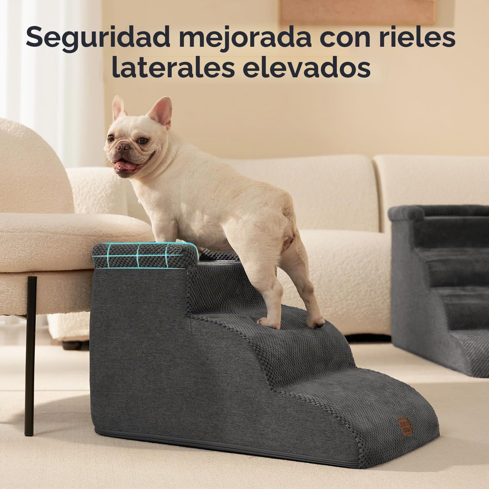 EHEYCIGA Escalera Perros 3 Peldaños, Rampa Perro para Cama y Sofá, Gris | Espuma Alta Densidad, Base Antideslizante, Funda Lavable, 40x60x35.5 cm, para Perros Pequeños y Grandes, Mascotas Mayores