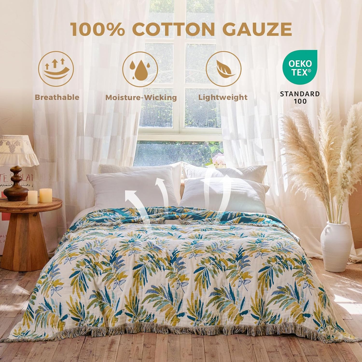 boho throw blanket for bed cotton spring blankets twin size for bedroom living room all season lightweight leaves embroidery breathable quilt for couch sofa chair 60"x80" home decor leaves 60"×80"