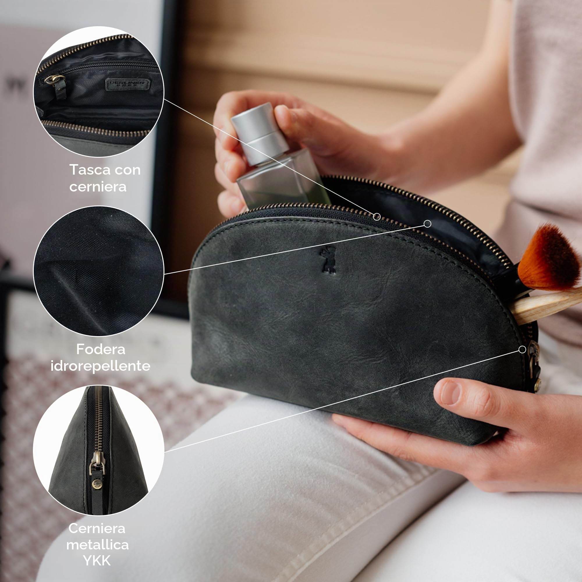 Berliner Bags Vintage Beauty Case Zoe, Trousse in Pelle con Cerniera per Trucchi Oggetti Viaggi, Borsetta per Donna - Grigio Scuro
