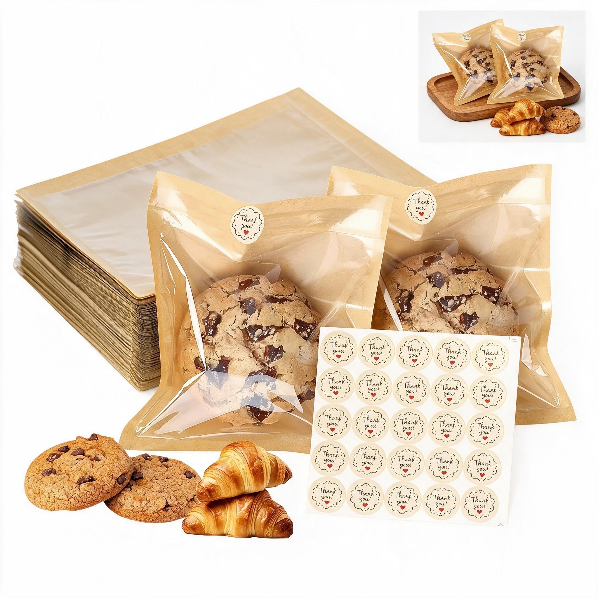 120 Pcs Sweet Bags with Seal, 16.5 × 14.5 × 1.5cm Wax Cookie Bags (Brown)
