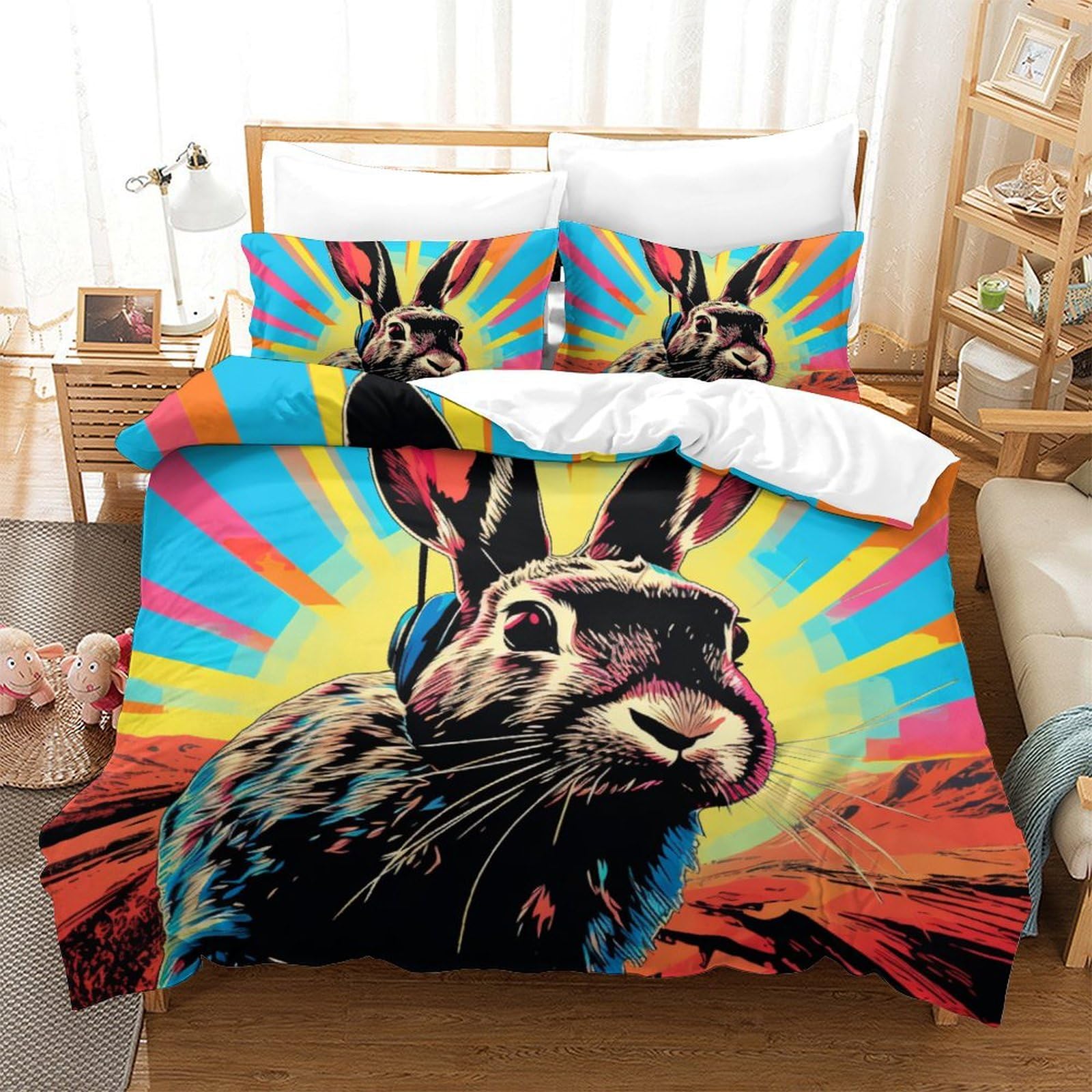 Housse de couette lapin 3D king pour lit 220x240cm avec zip résistant qui simplifie le quotidien