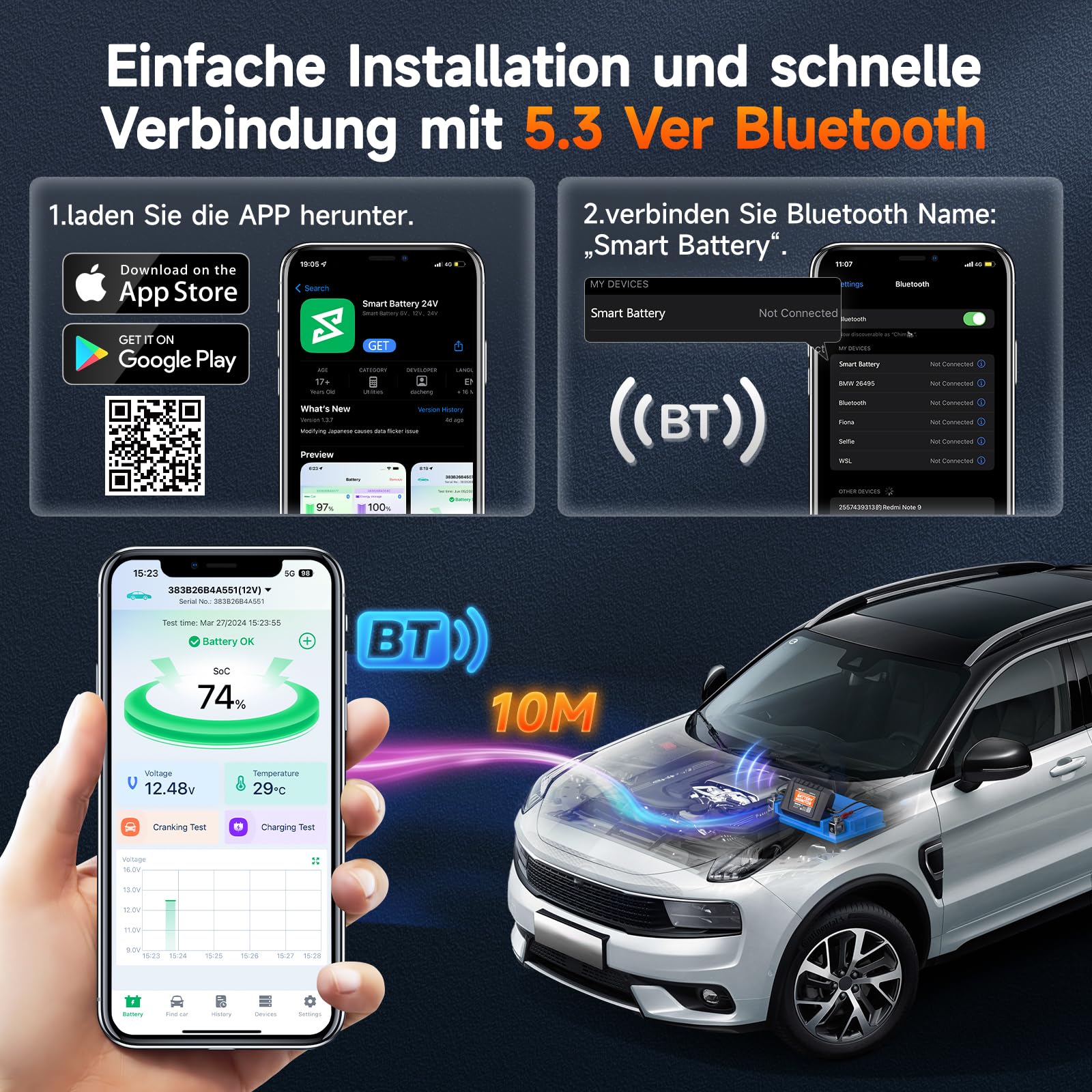 ANCEL BM300Pro Batteriewächter 6V/12V/24V Bluetooth5.3 Batterie Überwachung | Batteriemonitor KFZ Batterietester mit Lade-/Starttest, Alarm, IP67 Wasserdicht für LKW Auto Motorrad LiFePO4&leibatterien