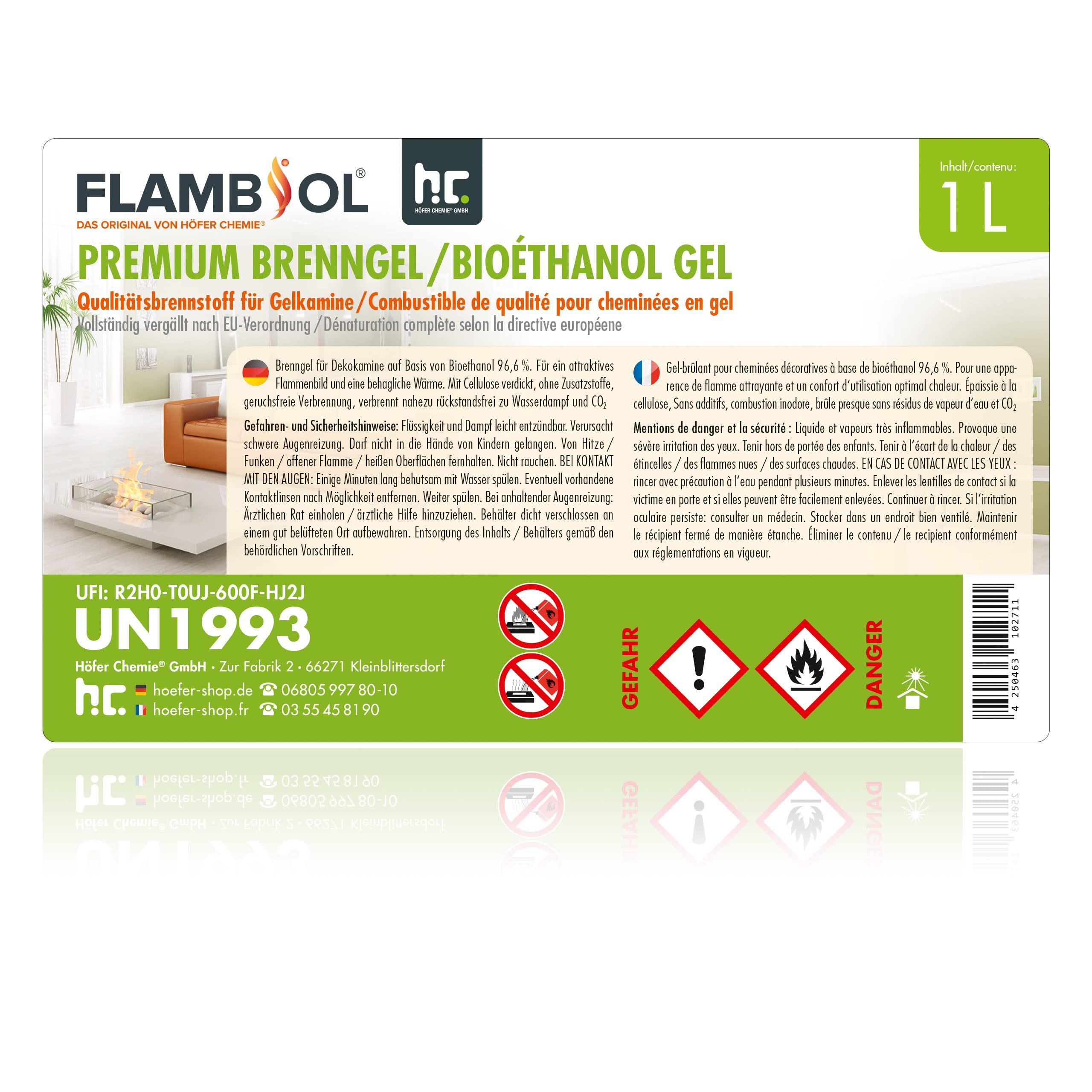 FLAMBIOL® Bioéthanol Premium en Gel (15 x 1 L) – Combustible Longue Durée, Idéal pour Cheminées d'Intérieur et d'Extérieur – Formule Améliorée et Écologique, Fabriqué en Allemagne