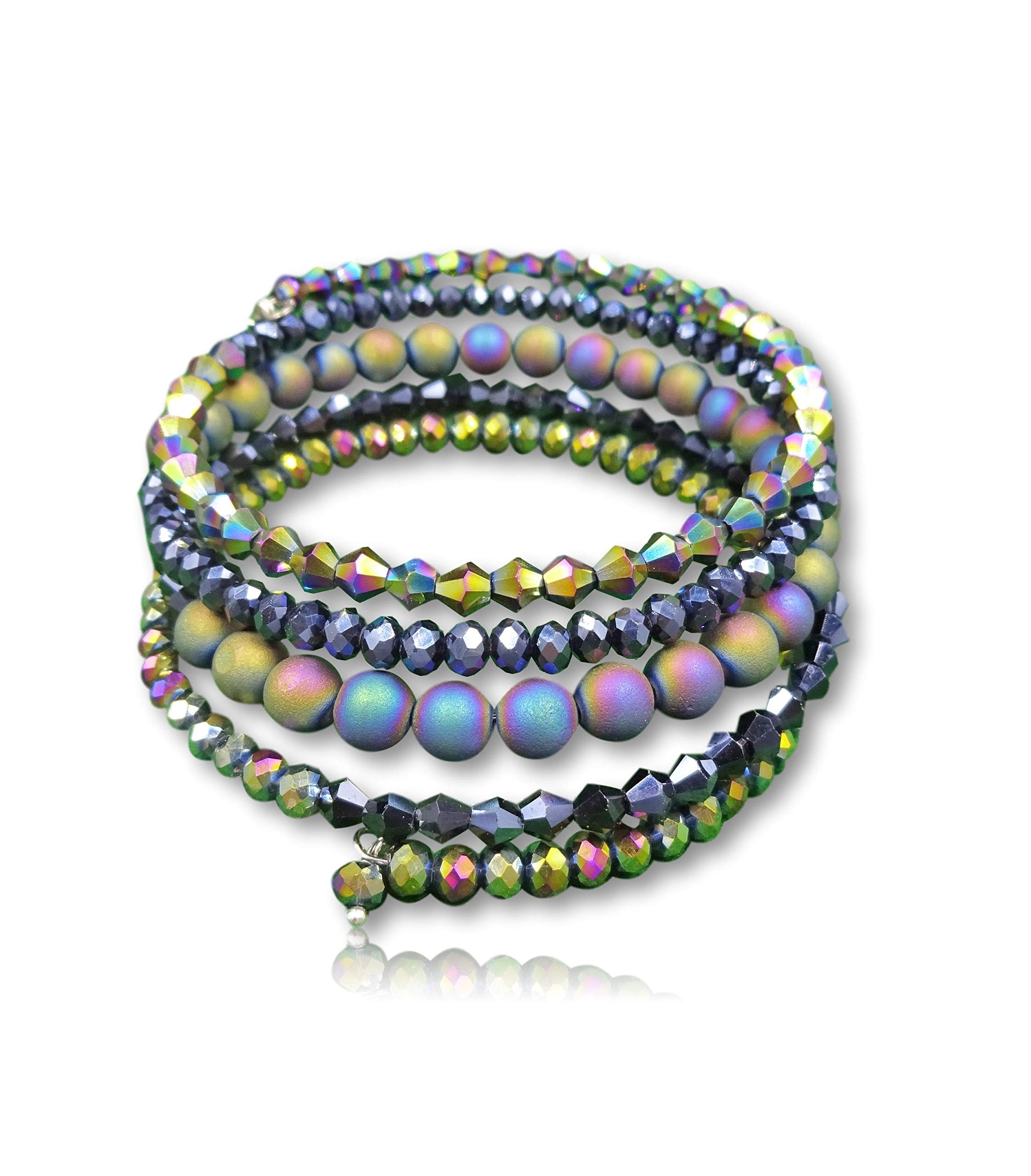 MGR MY GEMS ROCK!Beaded Multi Strand Multi Color Gem Stone and Crystal Memory Wire Bracelet, Multi Strand Wrap Bracelet or Stacked Cuff Bracelet