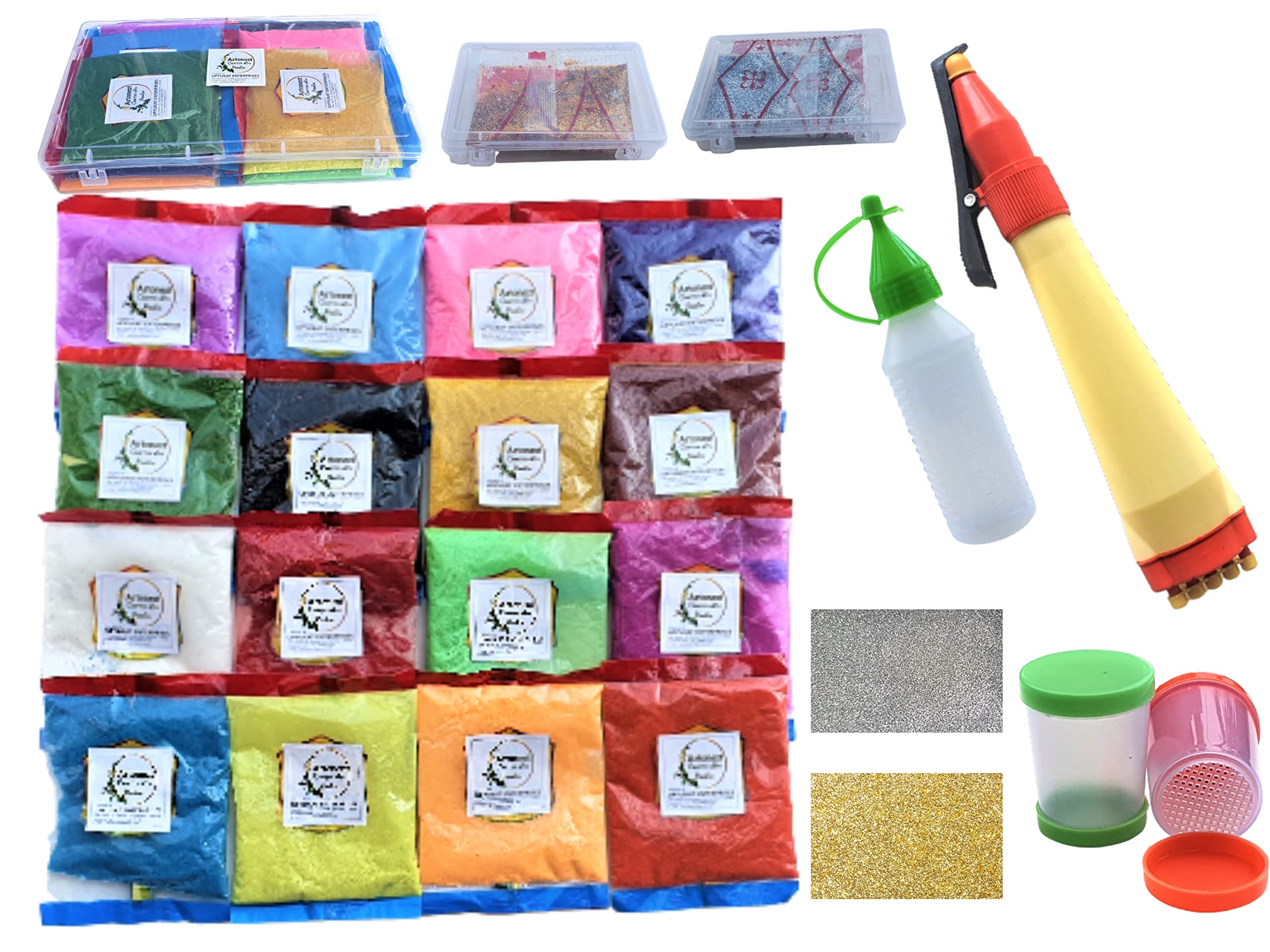 Rangoli Making Tool Kit: 16 Rangoli Kolam Color Powder Pack + 2 Glitter Powder Pack + 2 Plastic Fillers + 1 Dropper +1 Rangoli Pen-image-31