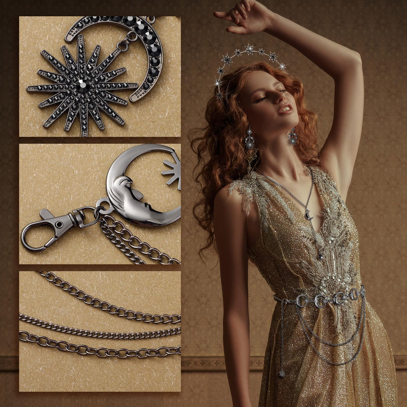 Glenmal 4 Pieces Celestial Jewelry Moon Stars Crown Necklaces and Body Chain Headband Drop Earrings for Women: Black