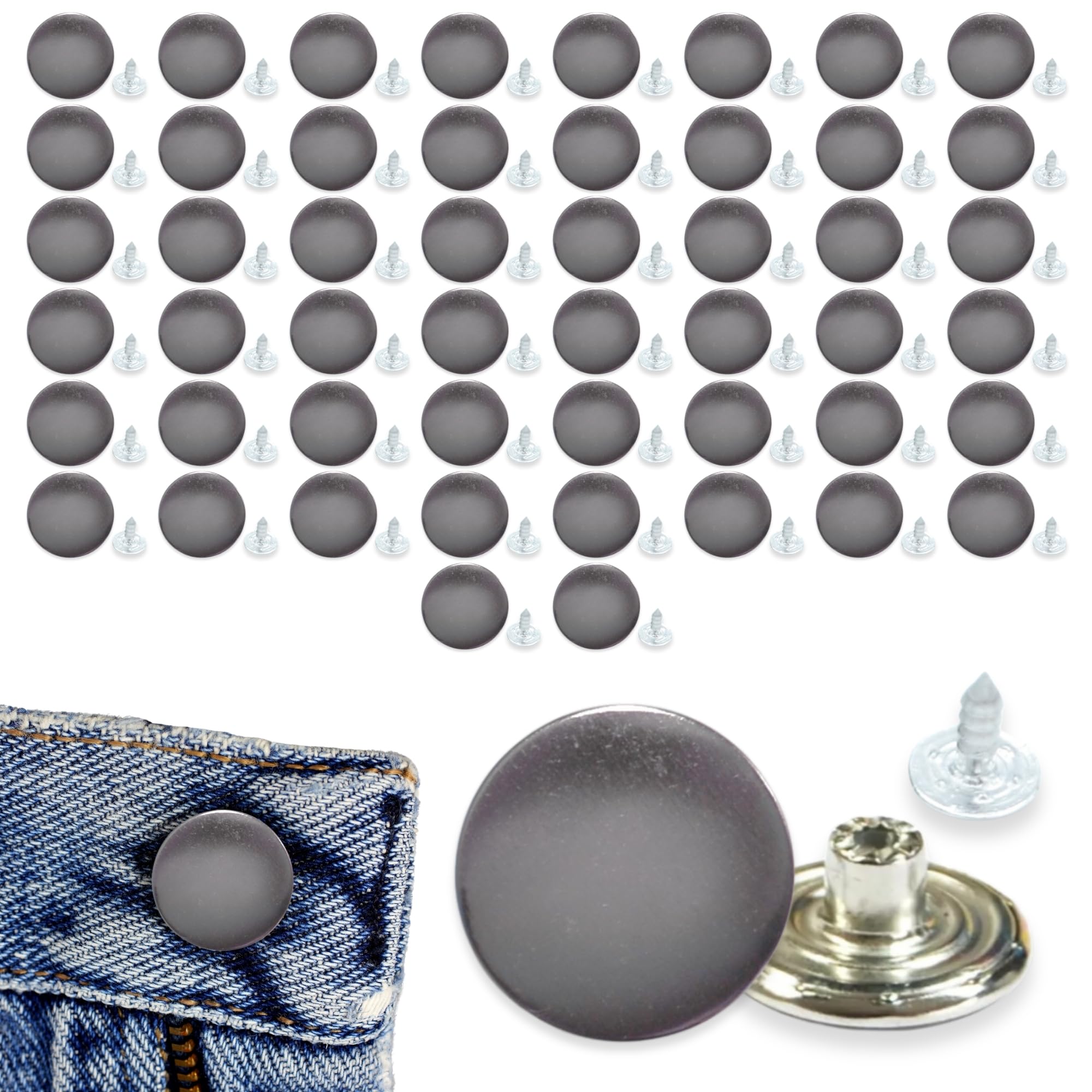 celloexpress 20mm Plain Silver Jean Buttons - Metal Hammer On Studs & Pin Backs - Replacement Parts Jeans Jackets (Pack of 50) โ image 1