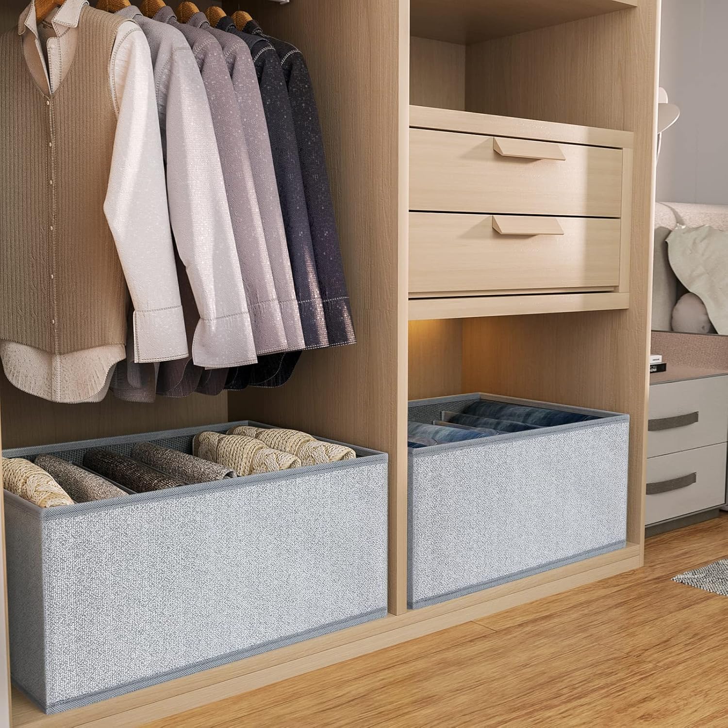 Organizzatore Pieghevole Per Armadio Con 5 Scomparti: Divisori Per Cassetti In Tessuto Con Inserti Rigidi (4 Pezzi, 32x30x11 Cm) - 3