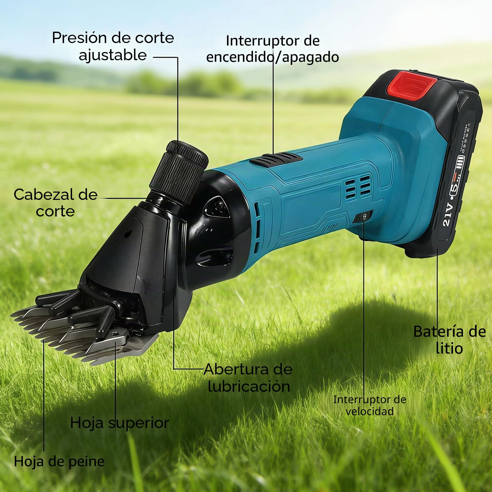Esquiladora Eléctrica para Ovejas 300W – 21V Cortadora de Lana Inalámbrica con 2×1500mAh Baterías, Ajustable en 6 Velocidades, Cuchillas de Acero 9/13 Dientes, Esquiladora para Ganado de Pela 9-teeth