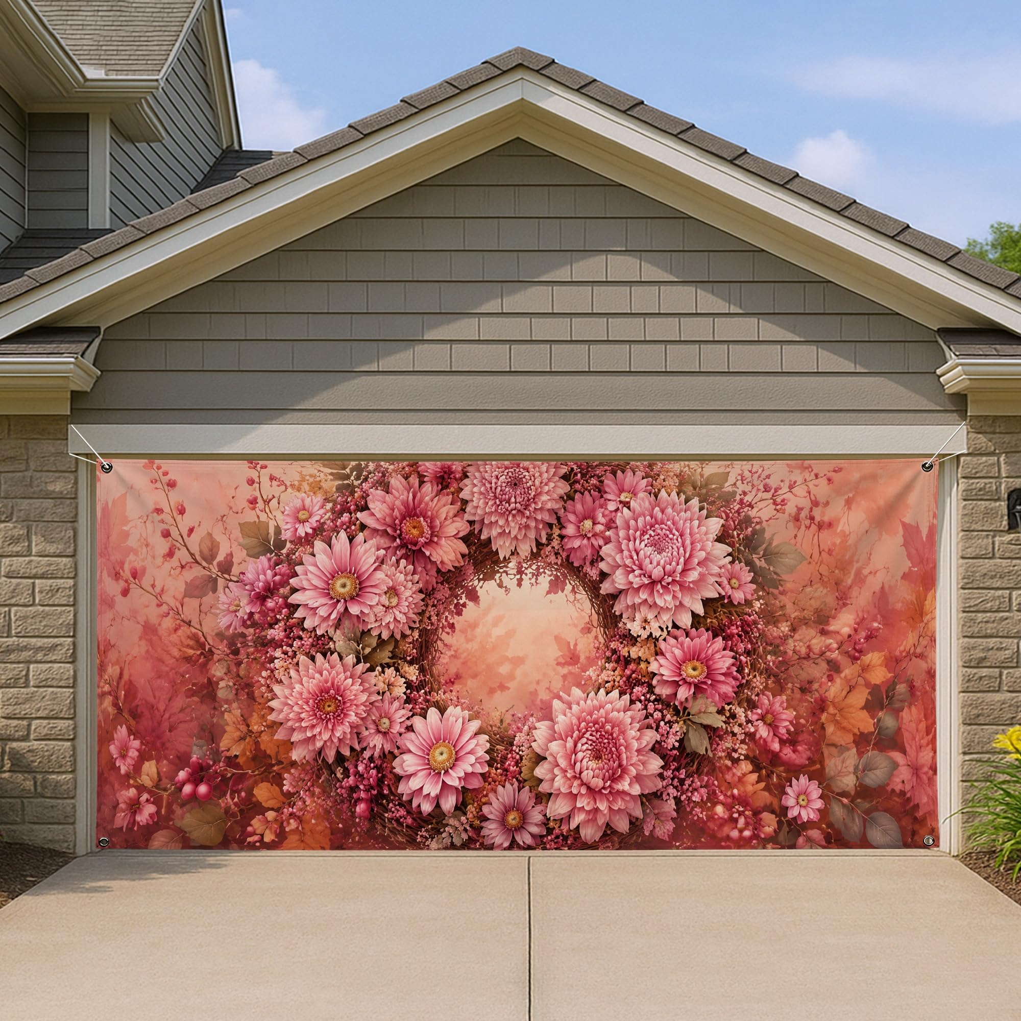 Couronne de porte de garage aux chrysanthèmes roses et fleurs de printemps pour jardin
