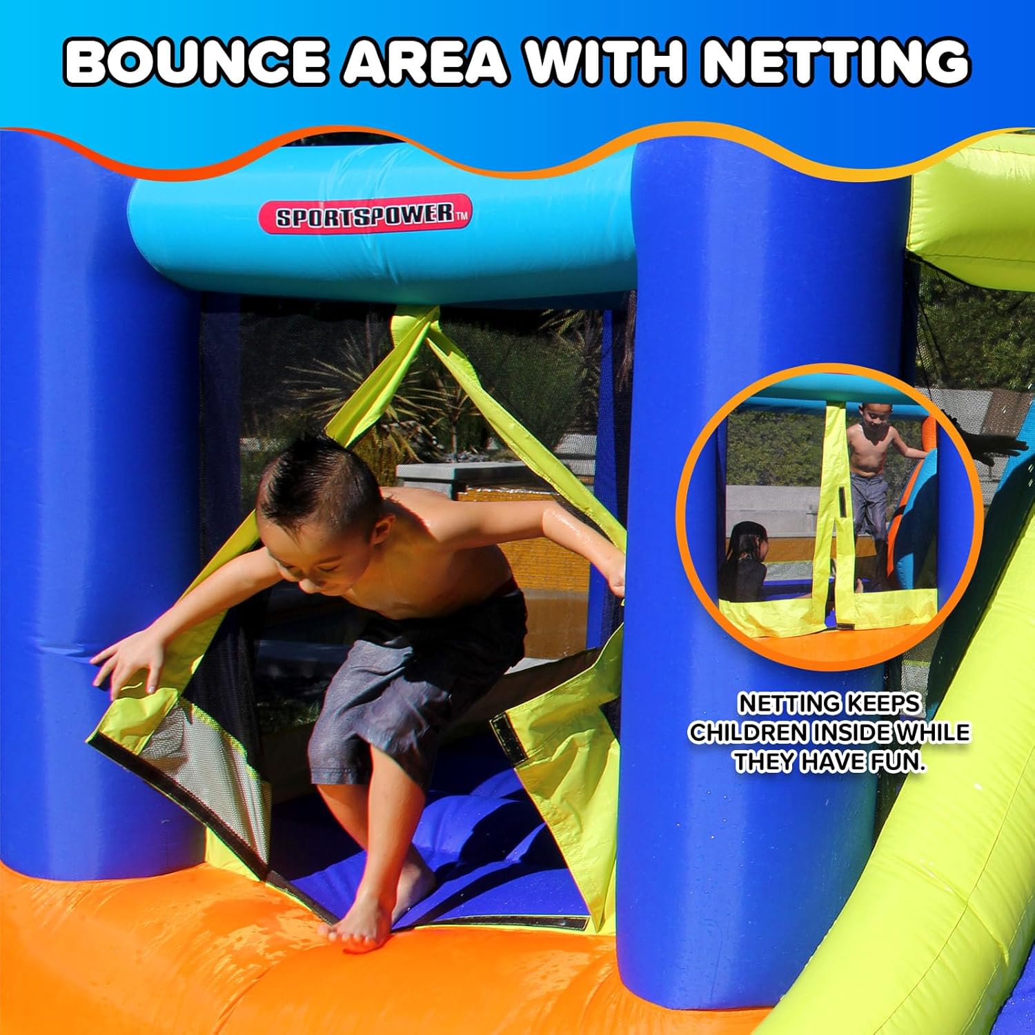 Sportspower My 1st Jump N Slide Inflatable Bounce House with Water Slide & Splash Pool, Large Outdoor Warkpark for Kids, Heavy Duty, ASTM Certified, on 450W Blower