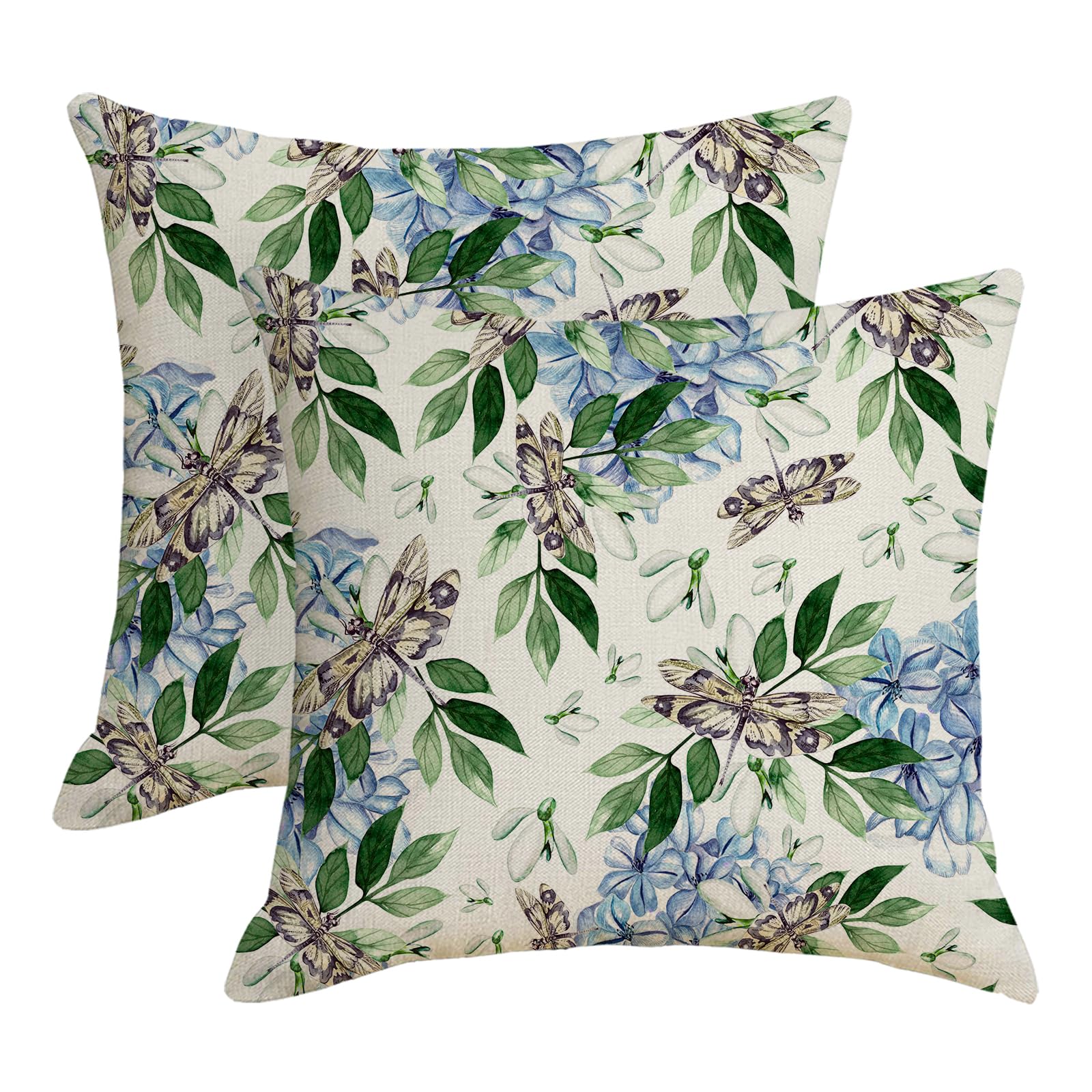 HOSTECCO Floral Cushion Covers 50x50 cm Set of 2 Waterproof Blue Flowers Cushion Cases Watercolor Decorative Pillow Covers for Patio Garden Lawn Porch