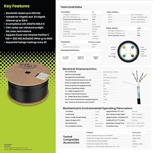 Miniatura 6 de trueCABLE Cat5e - Blindado para exteriores (FUTP), 1000 pies, resistente al agua, clasificación CMX de entierro directo, cobre sólido negro 24 AWG,