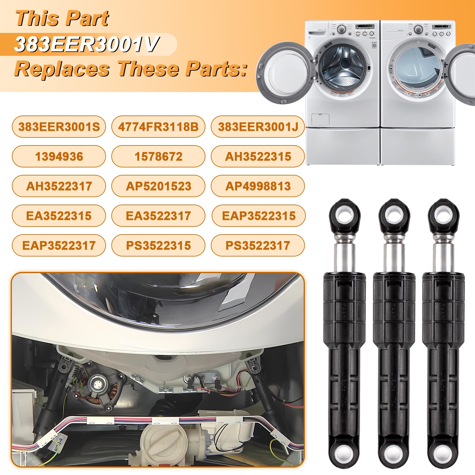 3 Pack LG Washer Shock Absorber - Replacement Part 383EER3001E For WM2277HW, WM1811CW, WM2075CW & More Models, Reduces Vibration & Noise