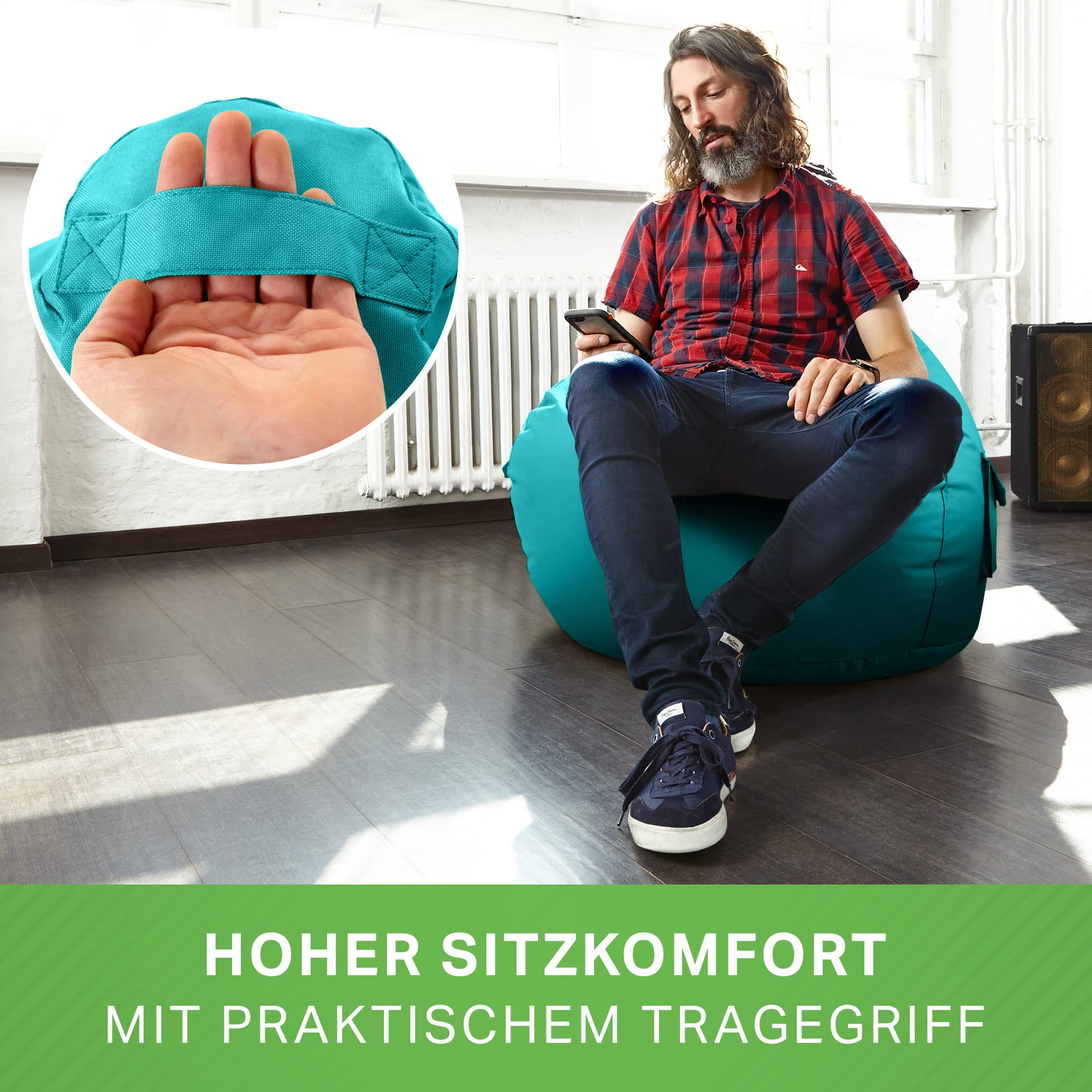 Green Bean Sitzsack Cozy mit Rückenlehne 80x70x90cm Gaming Chair 230L EPS-Perlen Füllung Waschbar Wetterfest Aquamarin