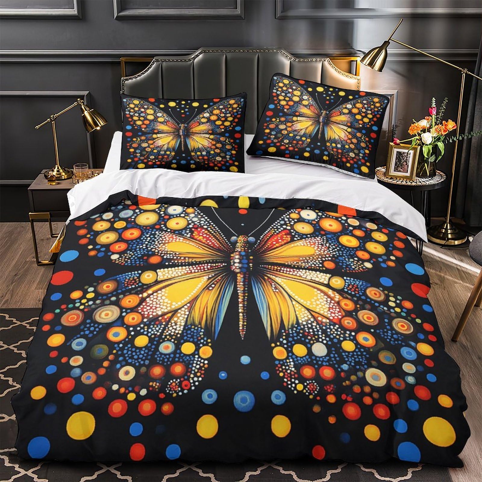 Housse de couette papillon 3D 220x240 cm avec 2 taies d'oreiller pour lit king size