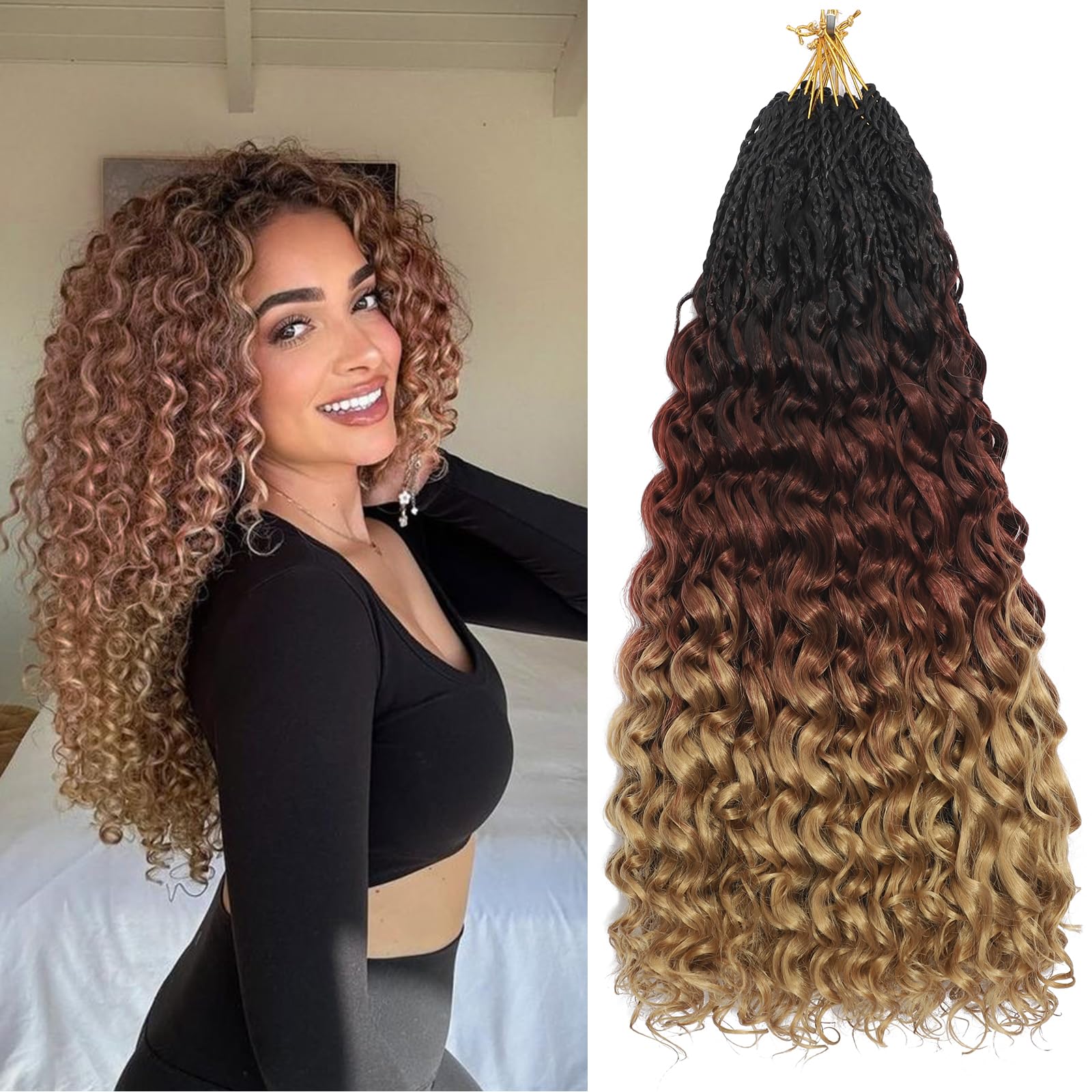 Pre Looped Ocean Wave Crochet Hair 8 Packs Boho Ocean Braids Short Curly Crochet Hair Pre Twisted Synthetic Deep Wavy Crochet Hair for Women (1B/30/27